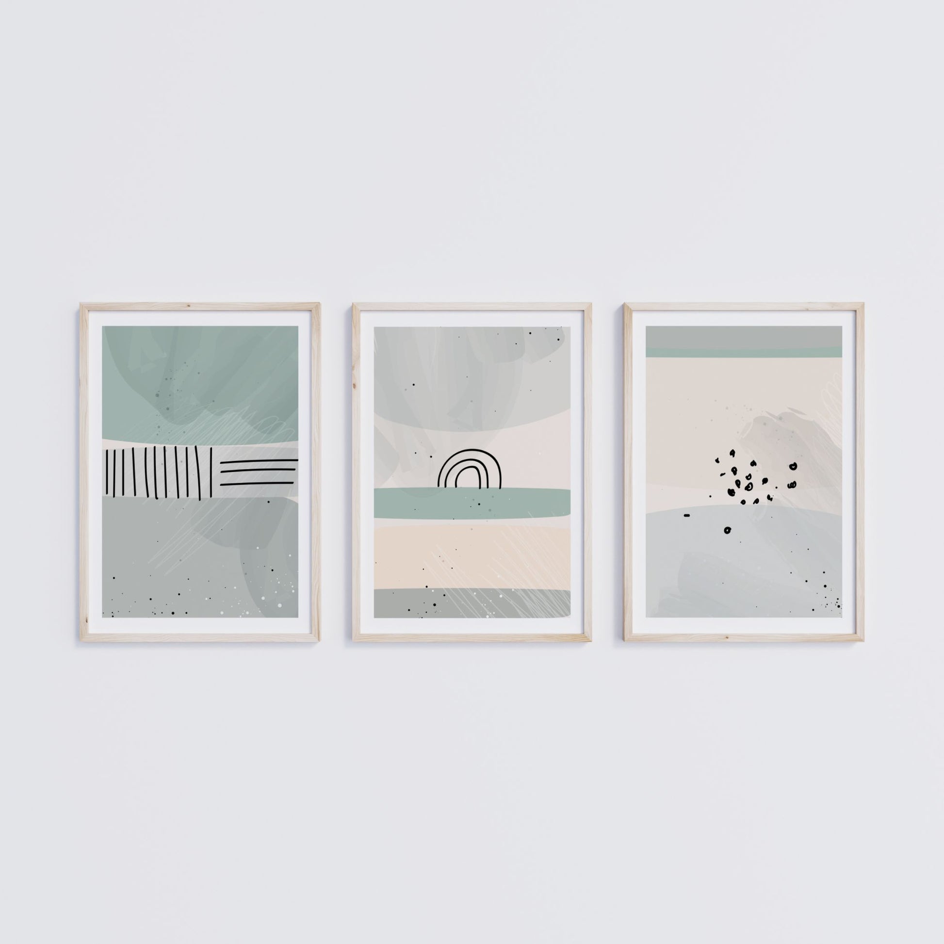 Dusty Green Collection med tre matchende grafiske plakater i skandinavisk stil