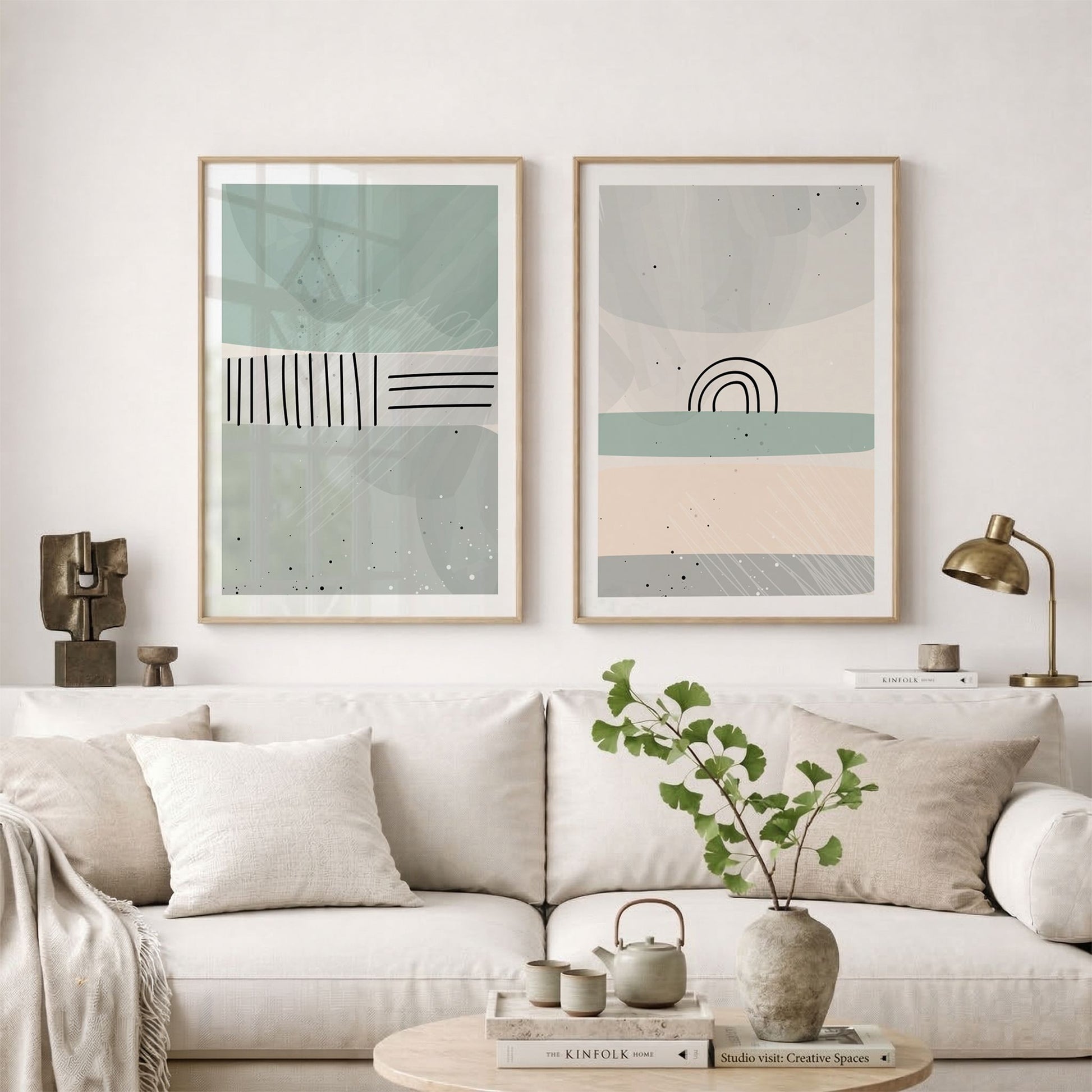Dusty Green No1 og No2 som grafisk plakatsett i skandinavisk stue