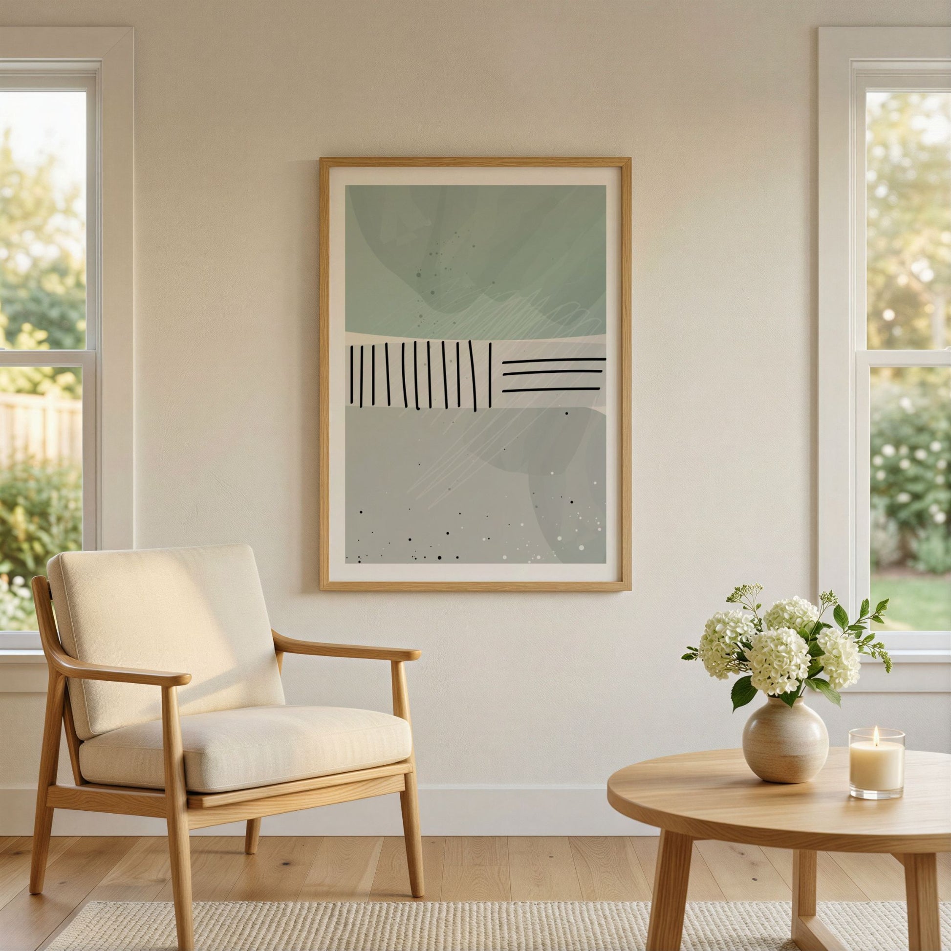 Dusty Green No1 grafisk plakat i lyst skandinavisk interiør