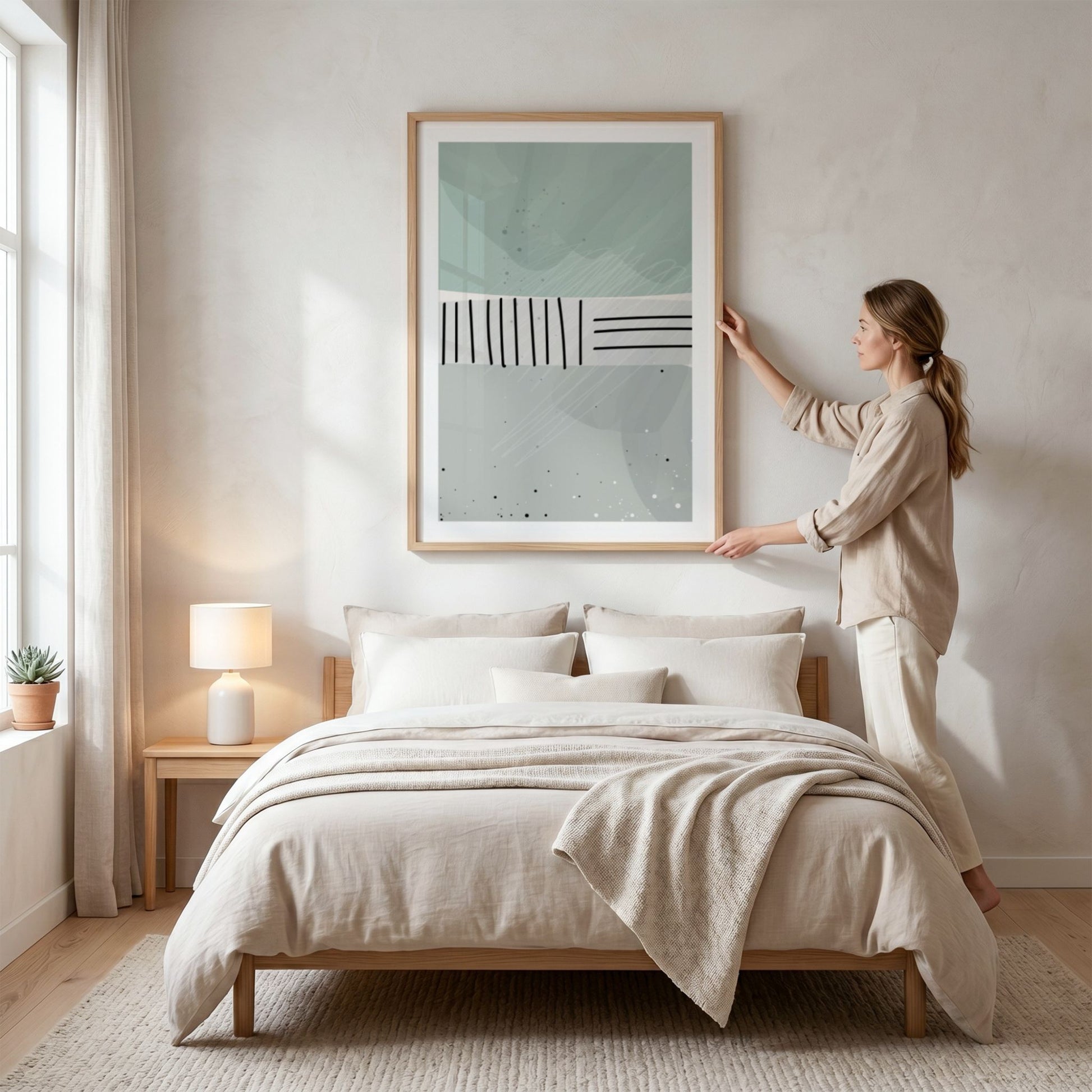 Dusty Green No1 plakat over seng i lyst og moderne soverom