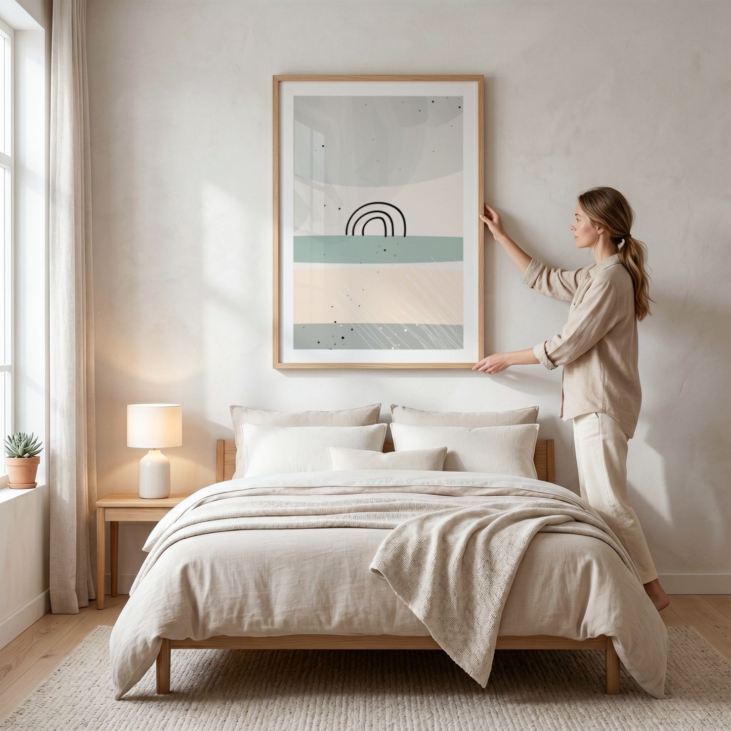 Dusty Green No2 plakat over seng i moderne og lyst soverom