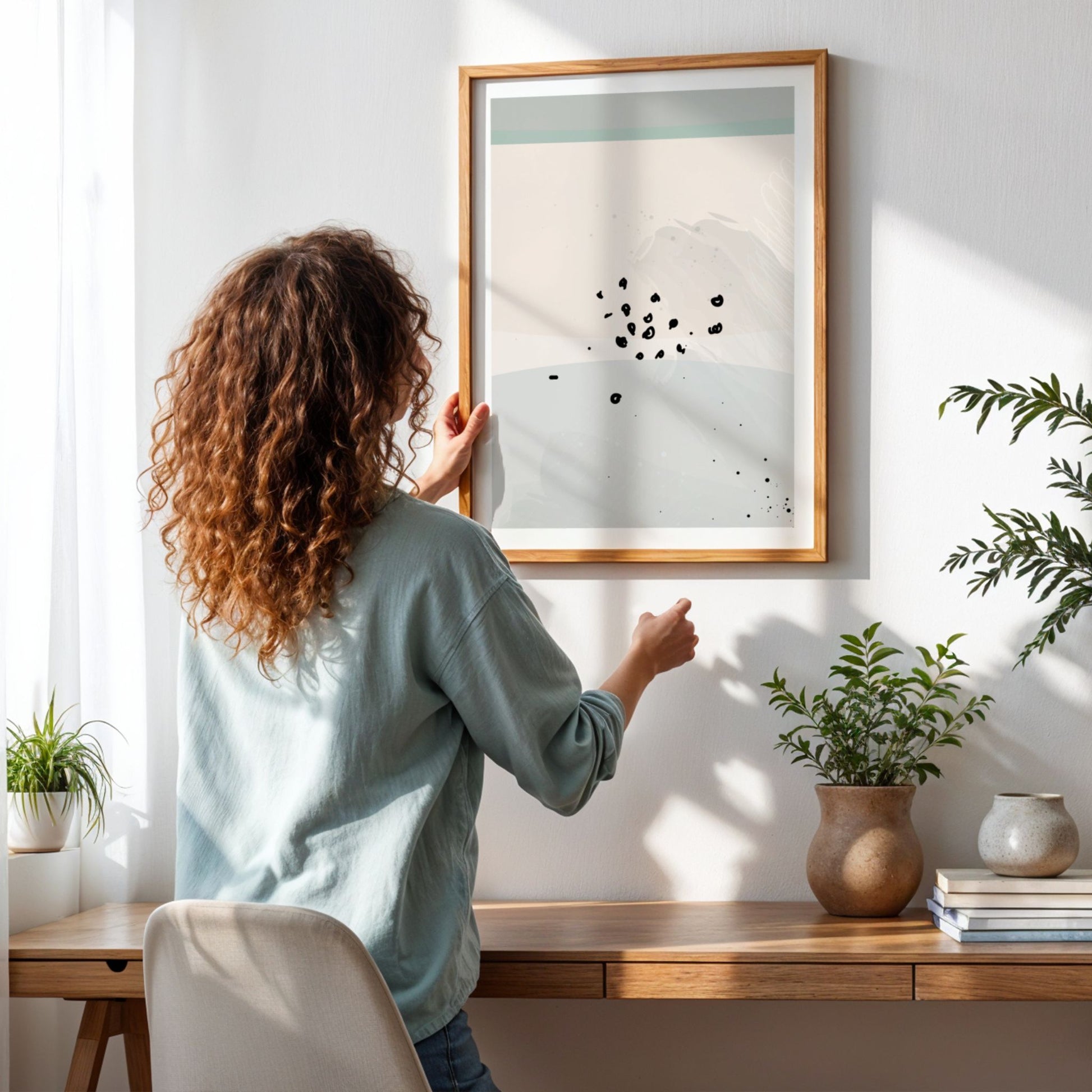 Grafisk plakat fra Dusty Green Collection vist i lyst nordisk interiør