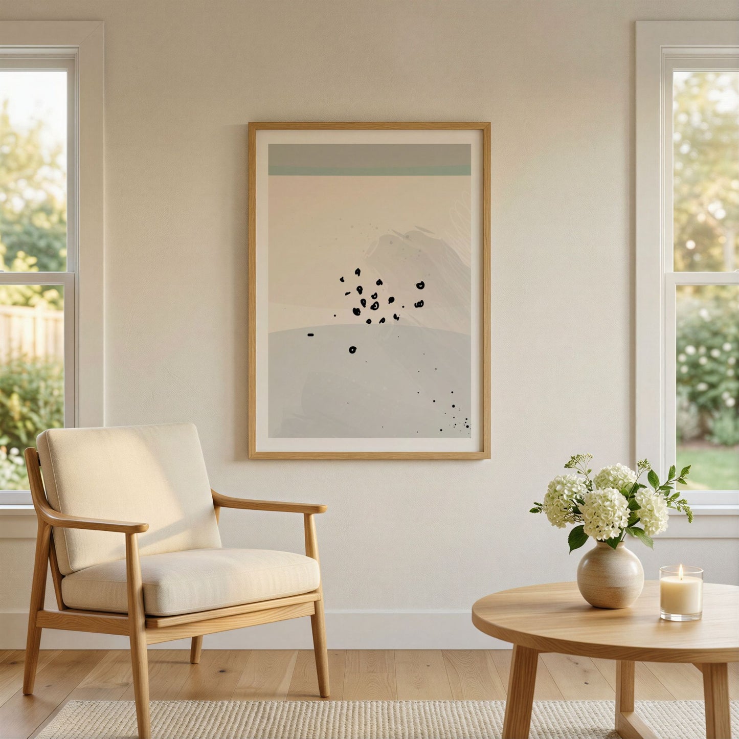Dusty Green No3 grafisk plakat i lyst og moderne nordisk interiør