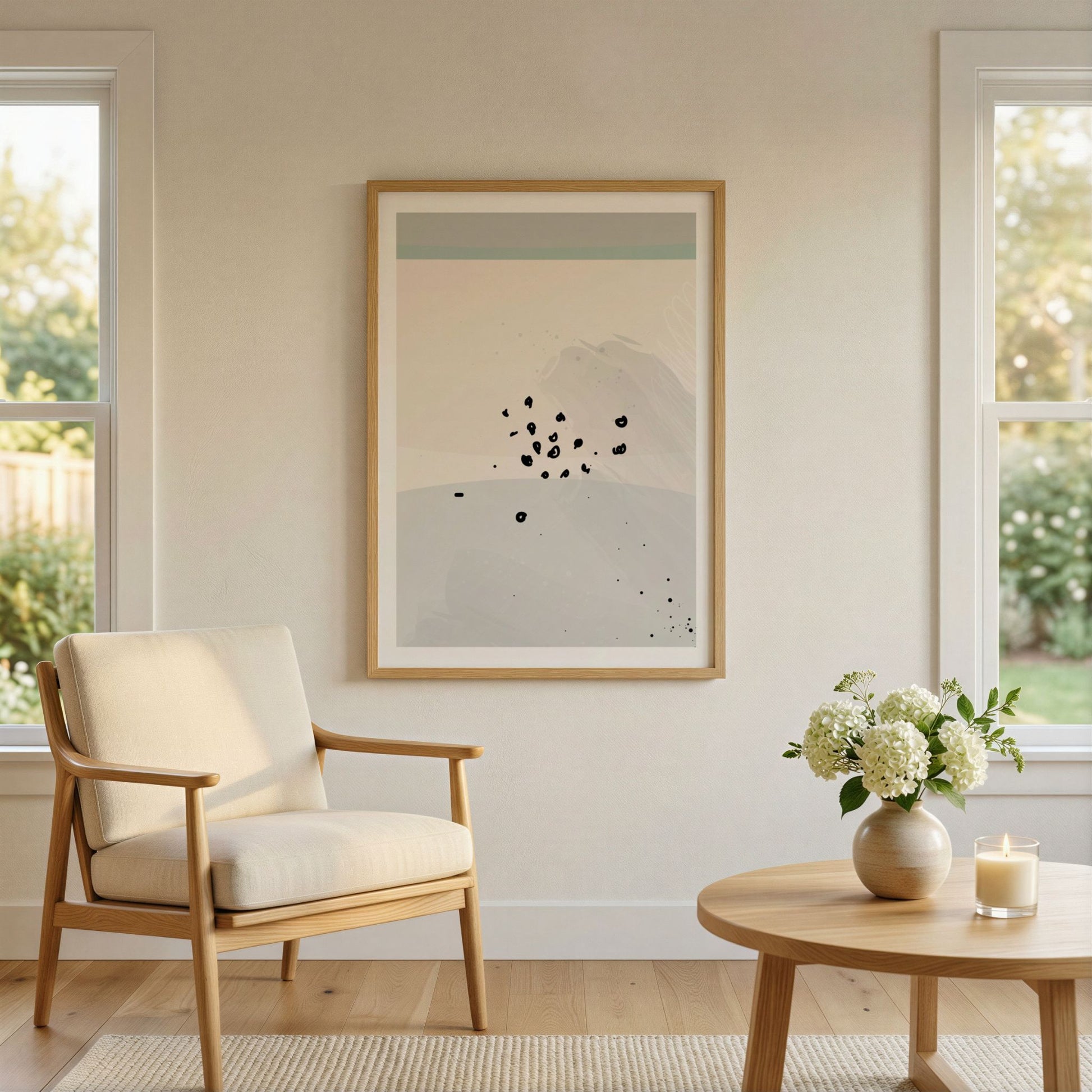 Dusty Green No3 grafisk plakat i lyst og moderne nordisk interiør