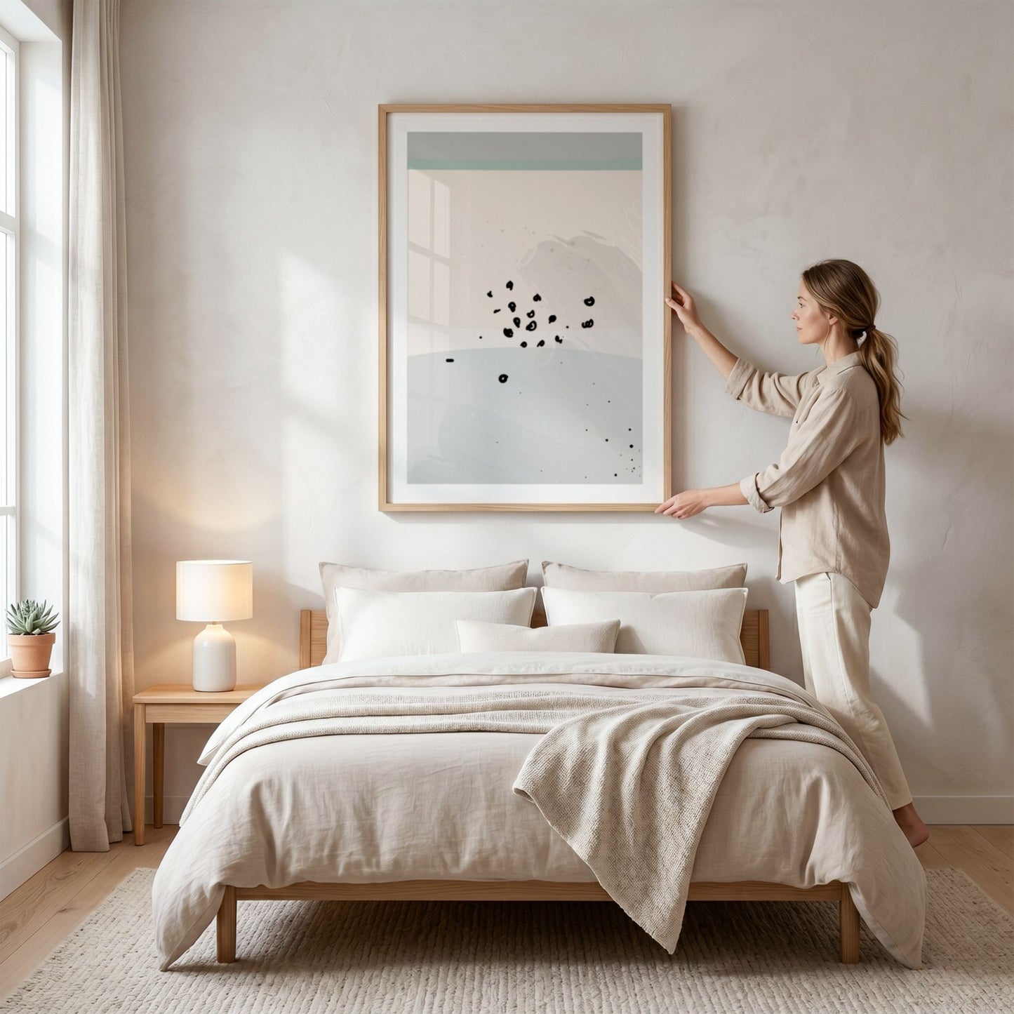 Dusty Green No3 plakat over seng i lyst og harmonisk soverom