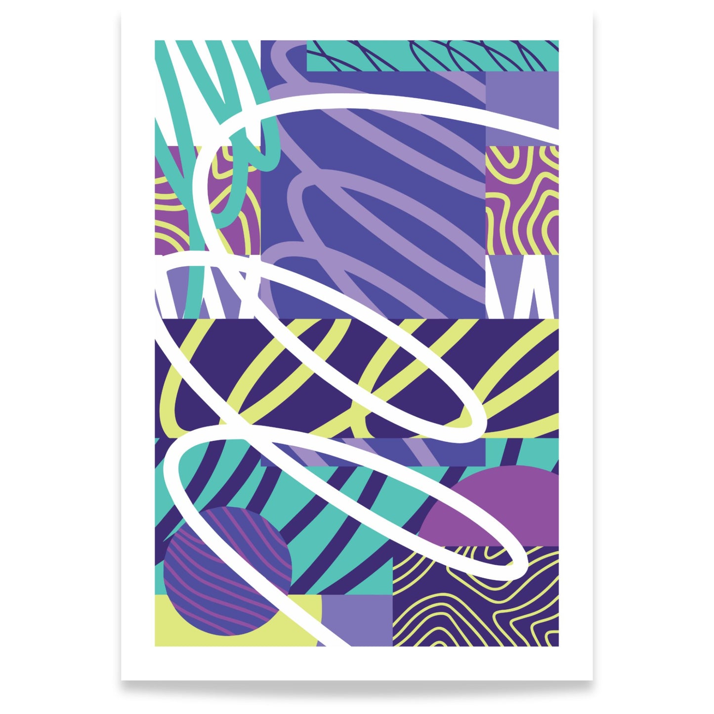 Dynamic motion abstrakt plakat med dynamiske linjer i lilla, grønt og turkis  21x30