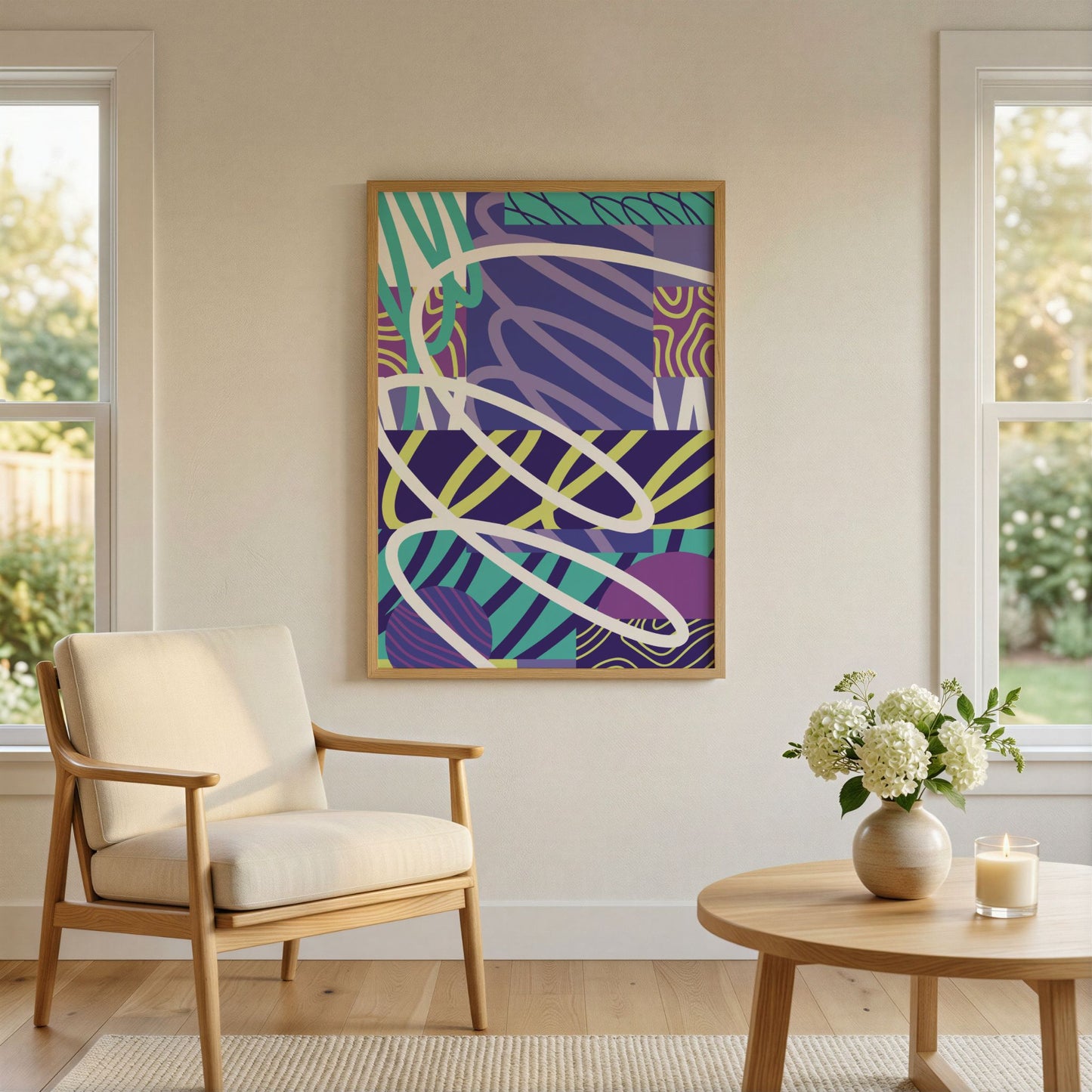 Dynamic motion moderne abstrakt plakat i lys nordisk stue med stol