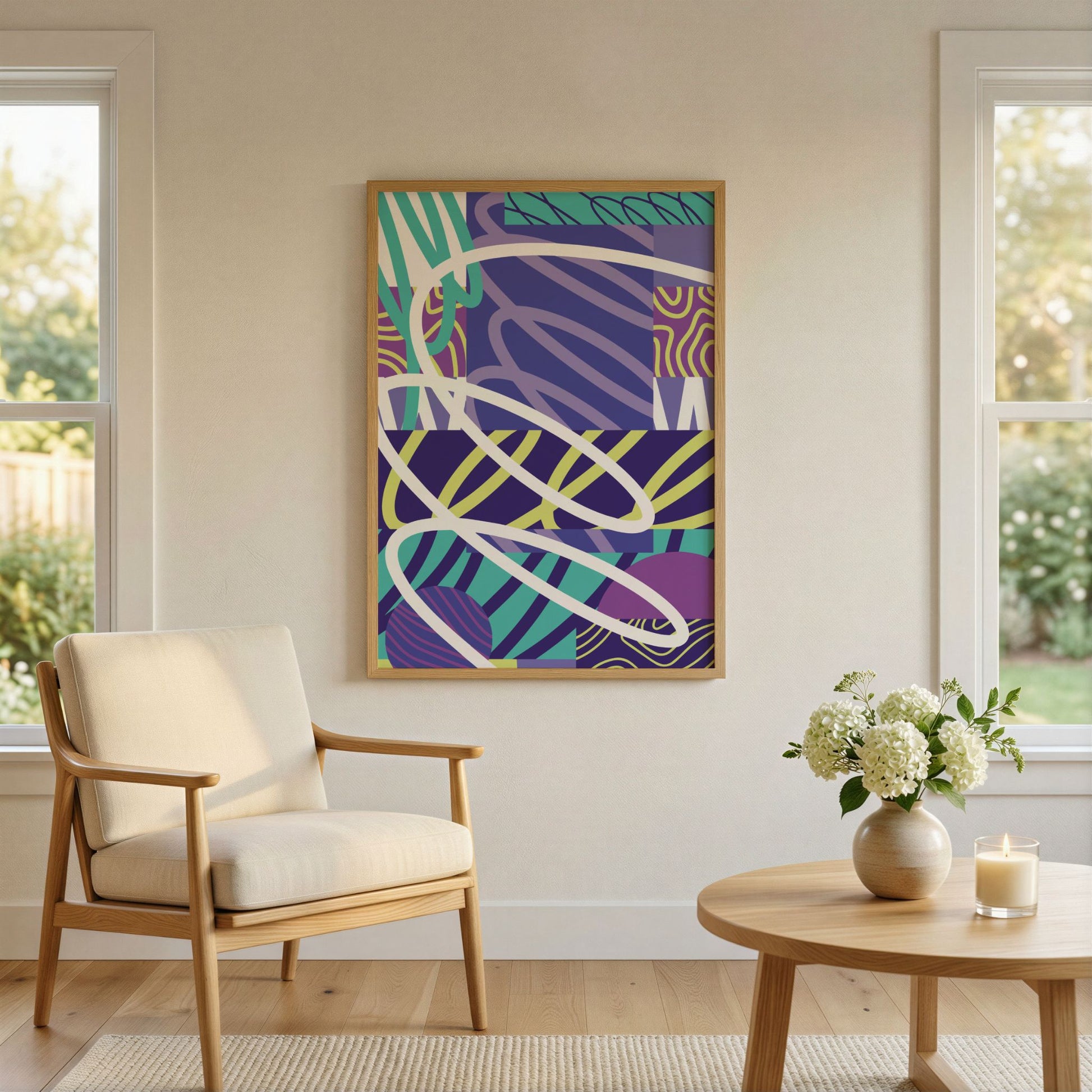 Dynamic motion moderne abstrakt plakat i lys nordisk stue med stol