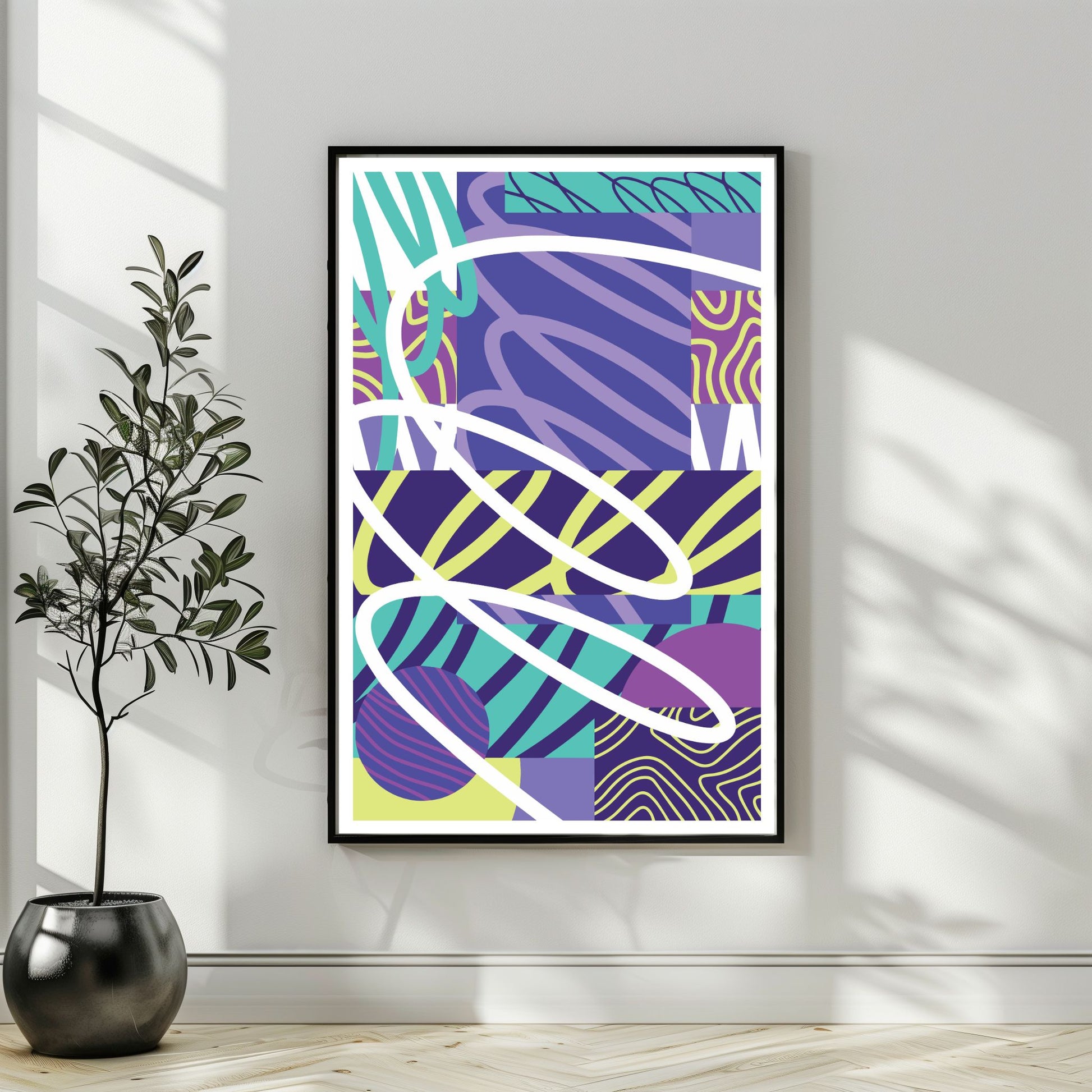 Dynamic motion abstrakt plakat i sort ramme ved plante i stilrent rom