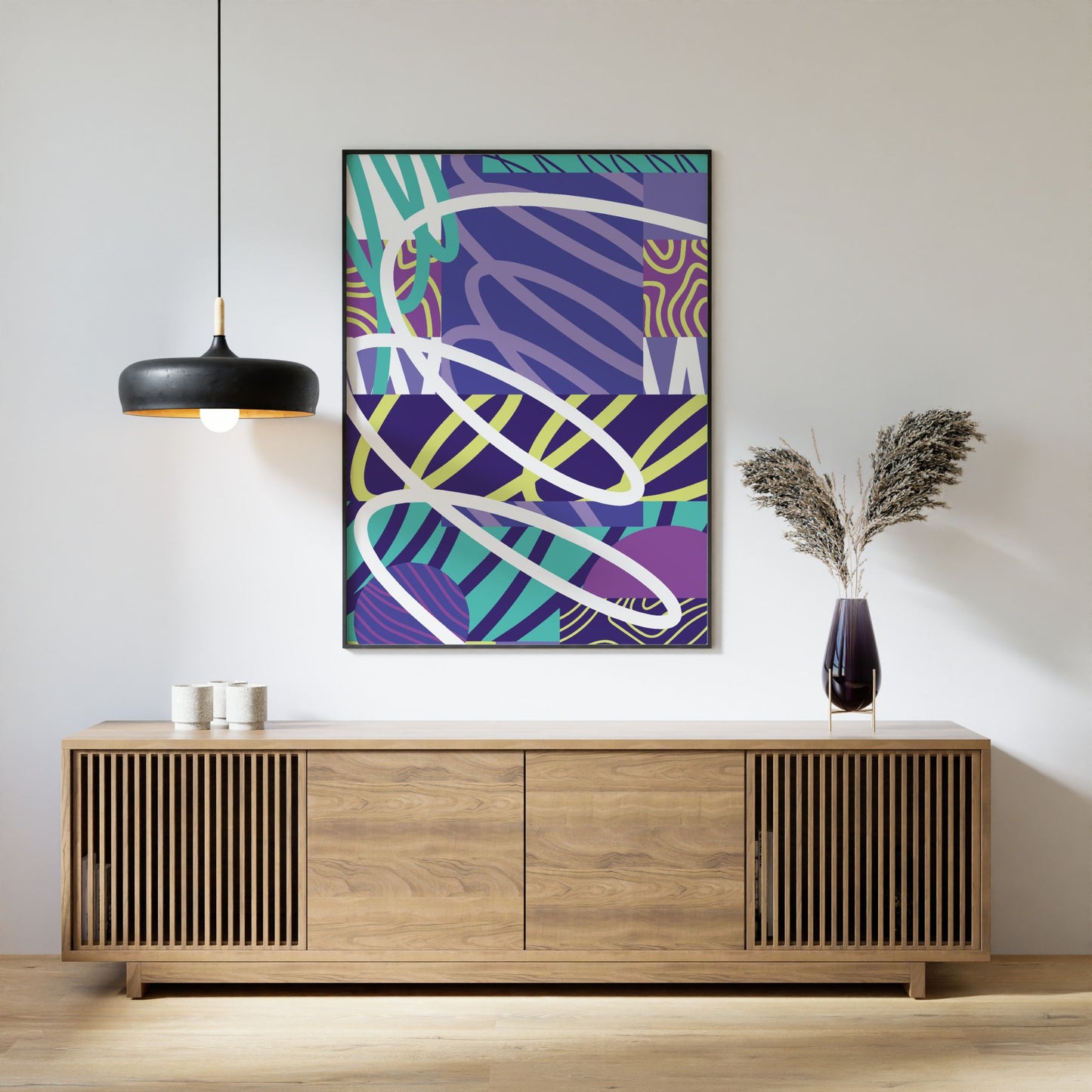 Dynamic motion abstrakt plakat over skjenk i moderne stue