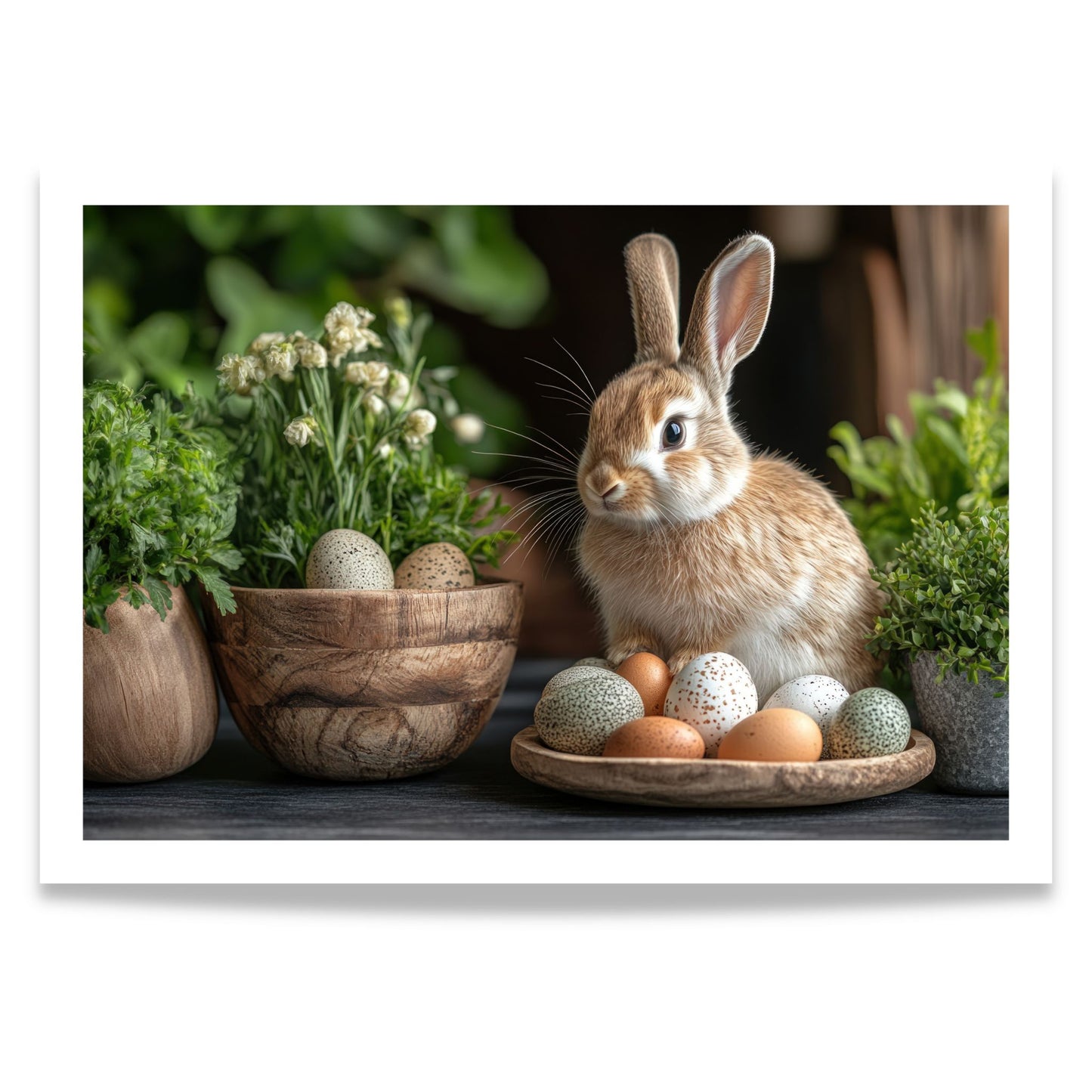 Horisontal påskeplakat med kanin omgitt av egg og grønne planter