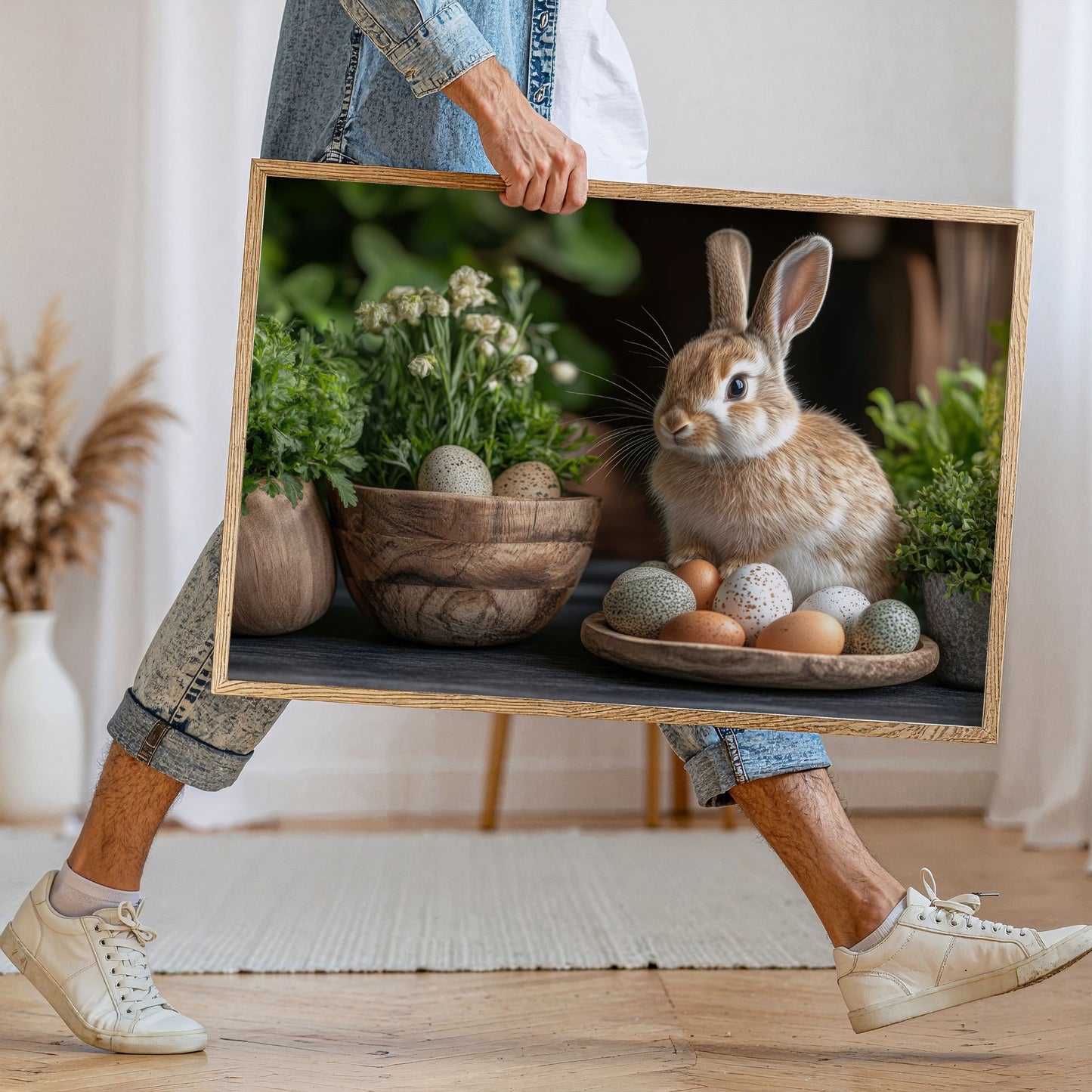 Horisontal påskeplakat med kanin og egg i lys treramme holdt i hånd