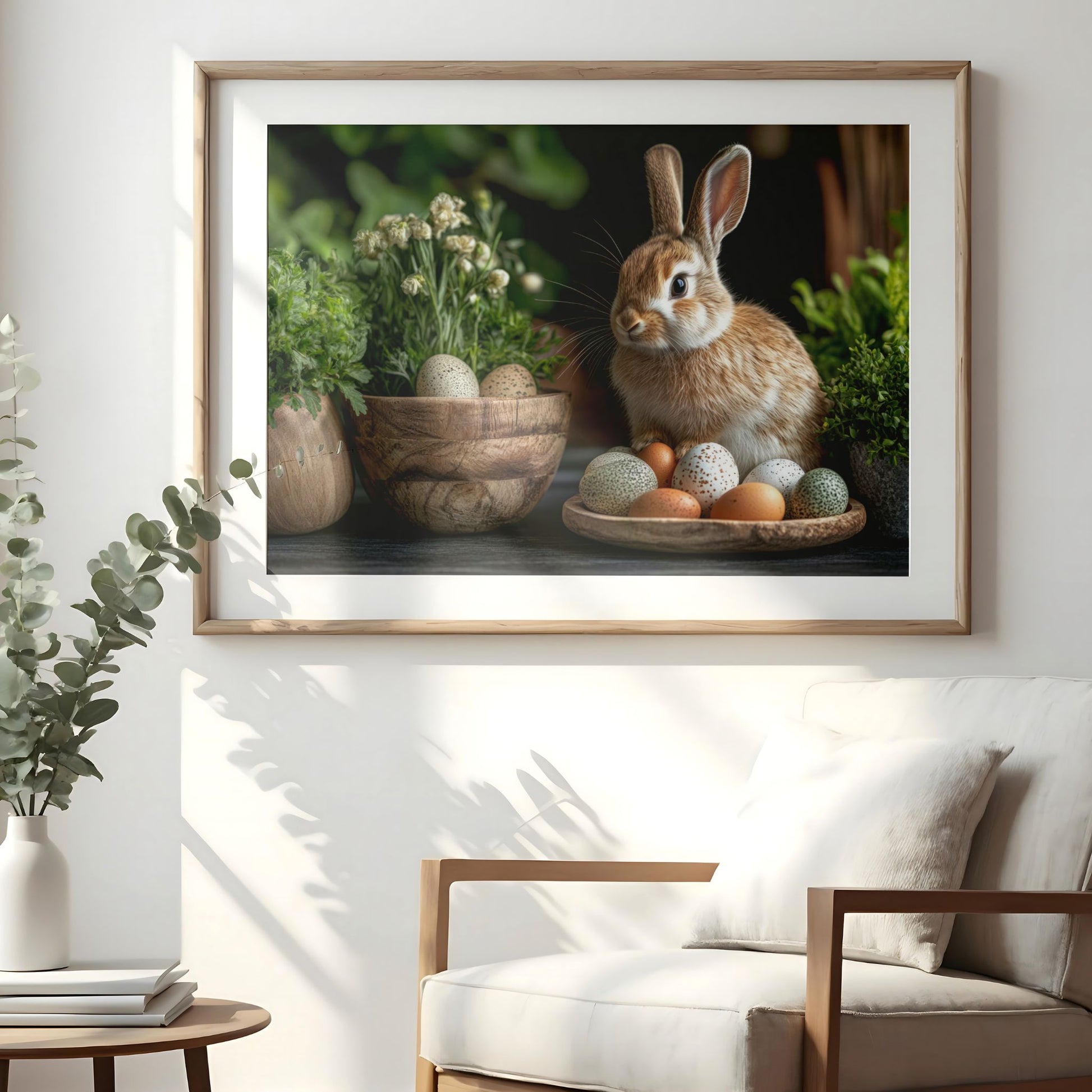 Påskeplakat med kanin og egg hengende på vegg i nordisk stue