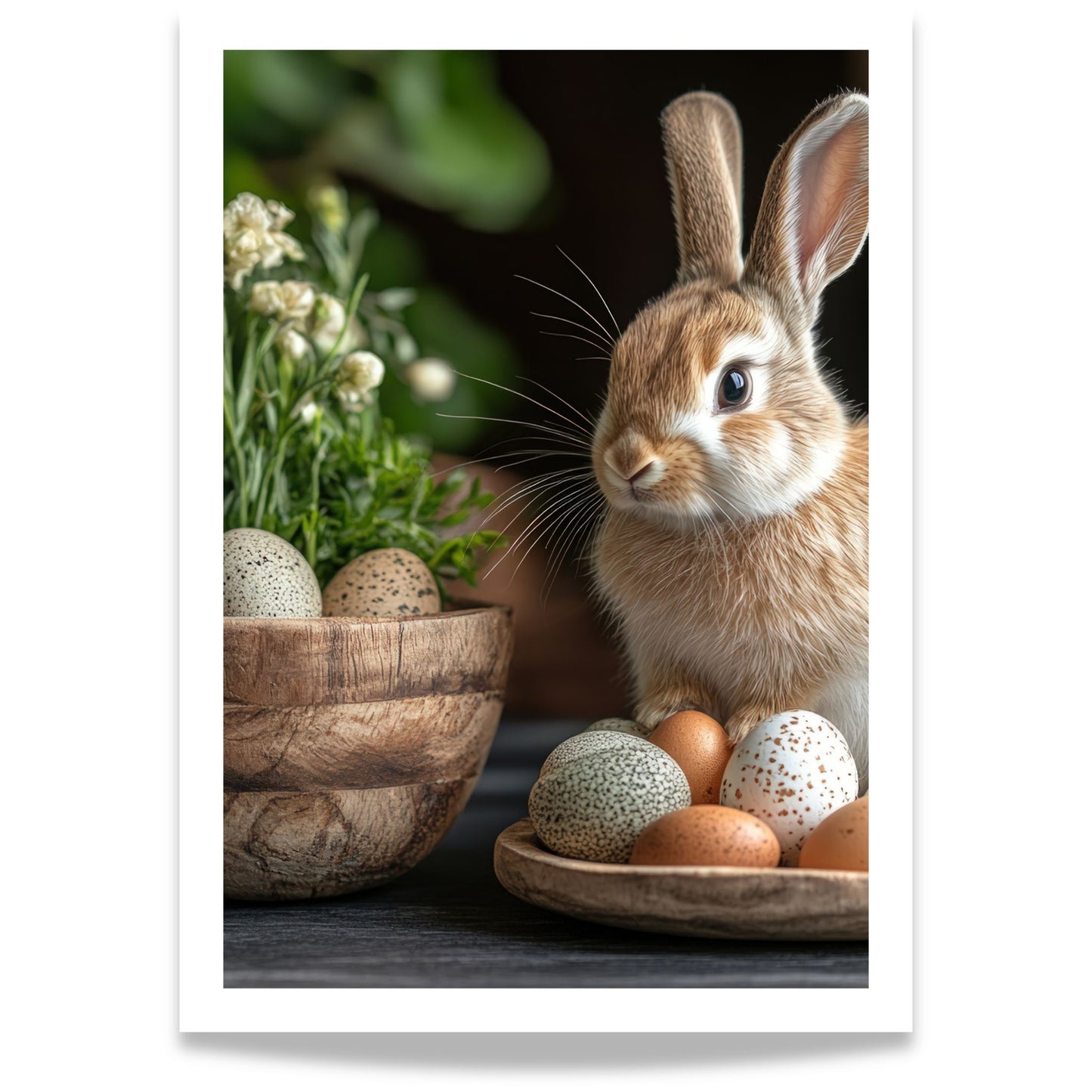 Vertikal påskeplakat med kanin og dekorerte egg i naturlige omgivelser