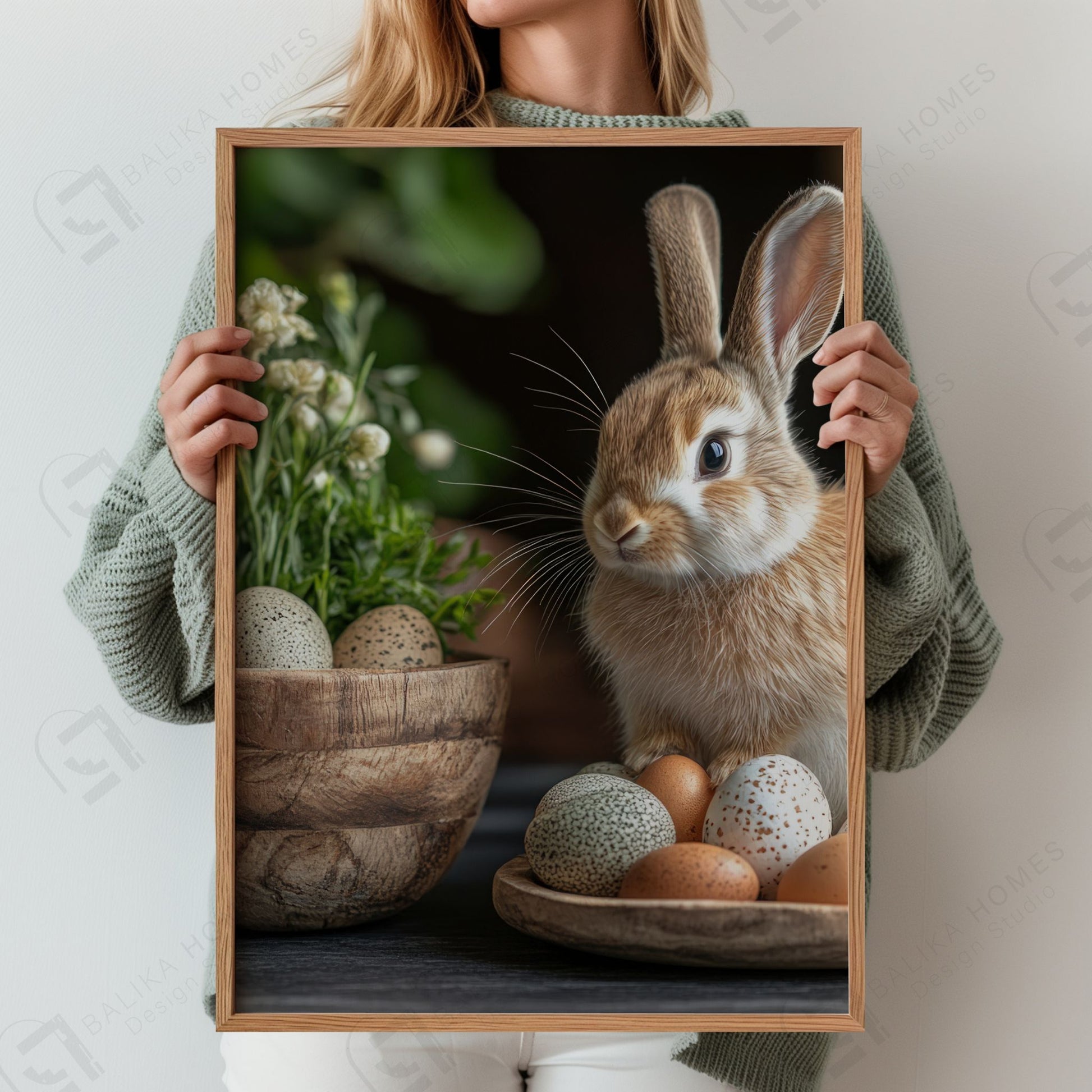 Vertikal påskeplakat med kanin og egg i treramme