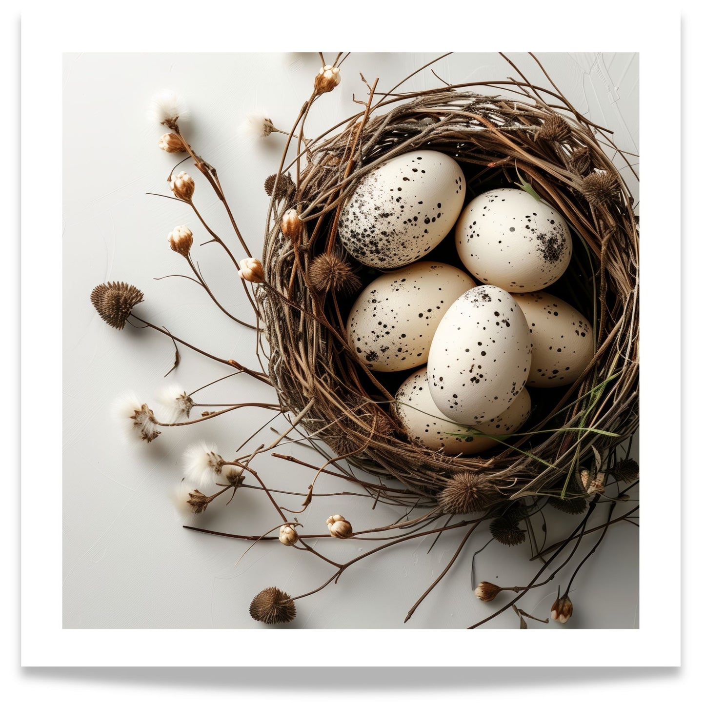 Kvadratisk påskeplakat med fuglerede og naturlige egg mot lys bakgrunn