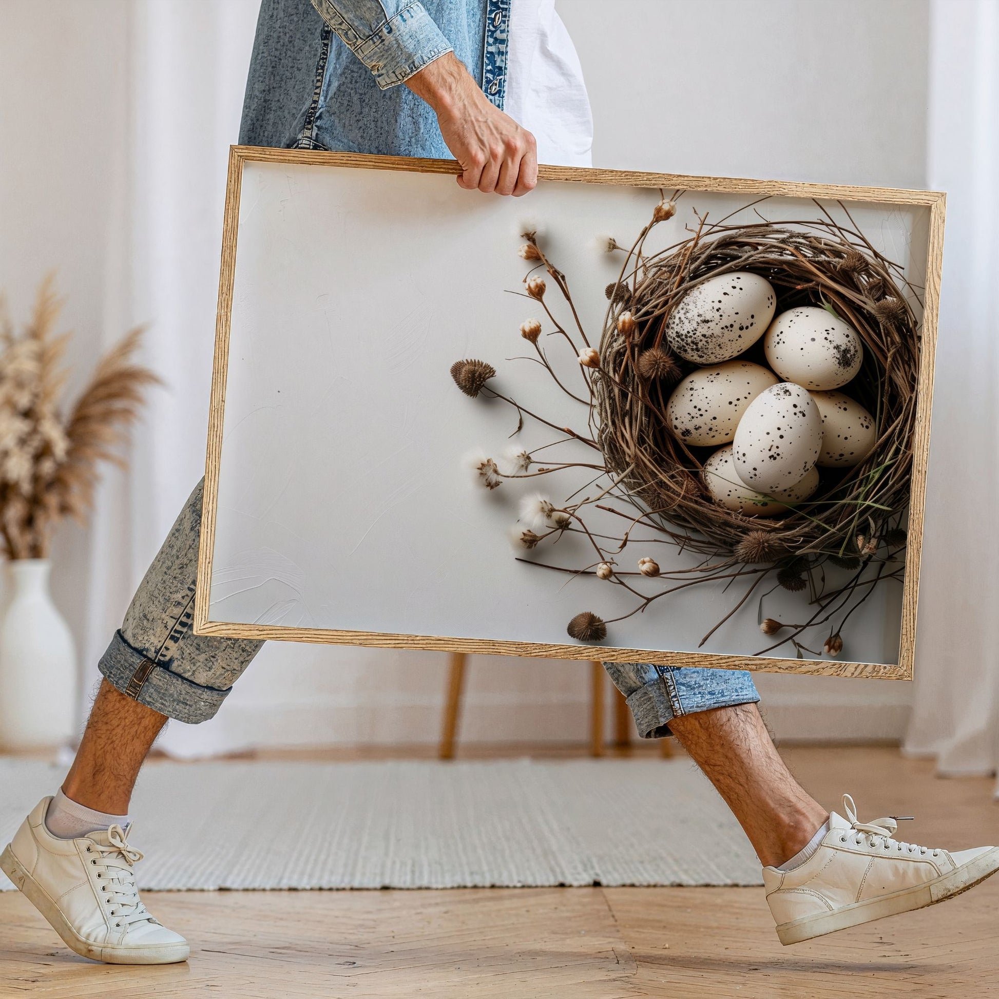 Naturinspirert påskeplakat med rede og egg i lys treramme
