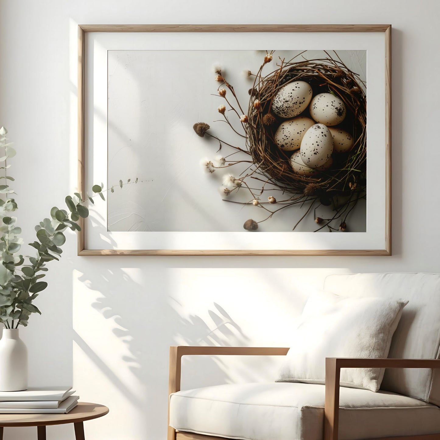 Minimalistisk påskeplakat med fuglerede og egg hengende på vegg i nordisk stue