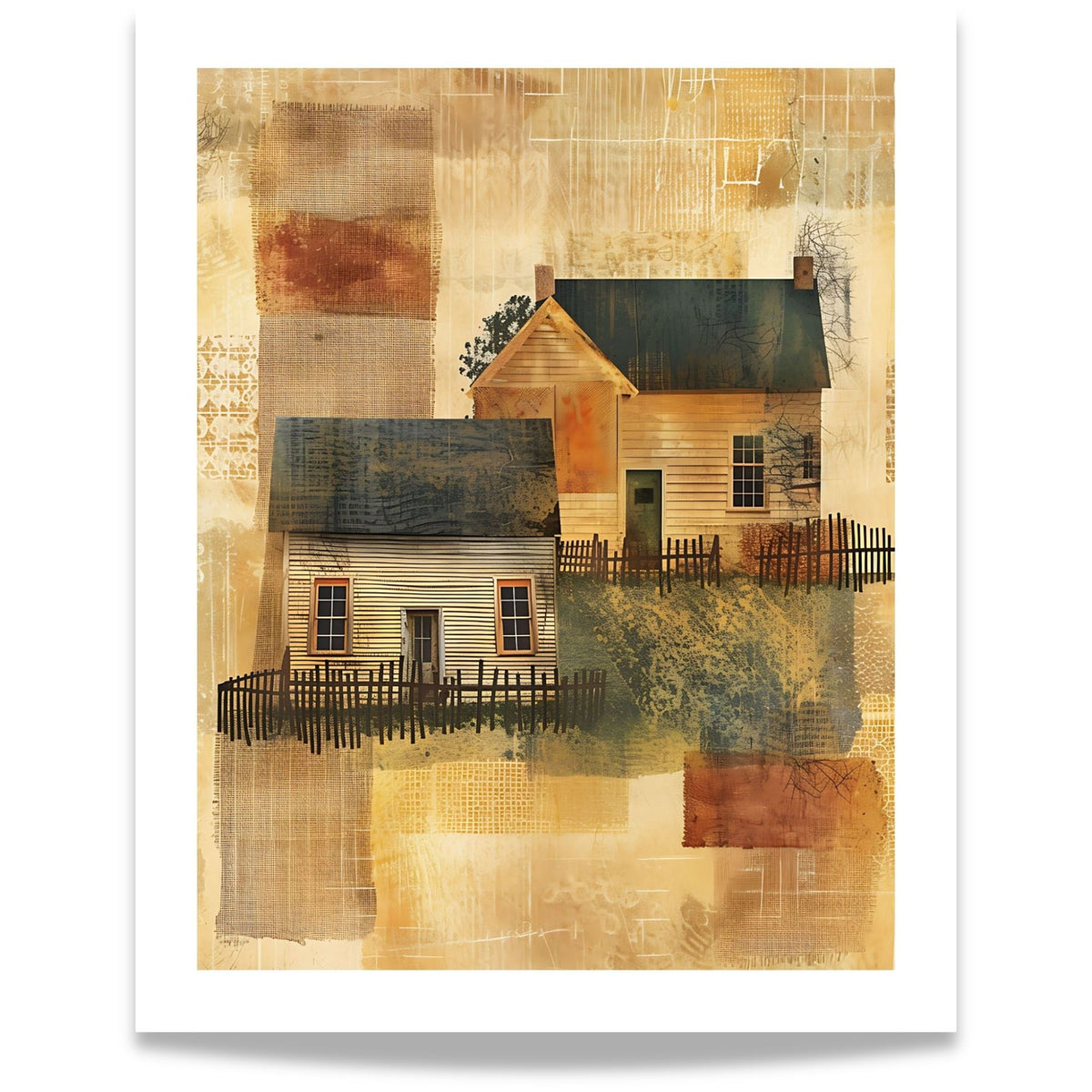 Echoes of Home kunstplakat med to gamle trehus, rustikke teksturer og varme jordtoner. Format 40x50