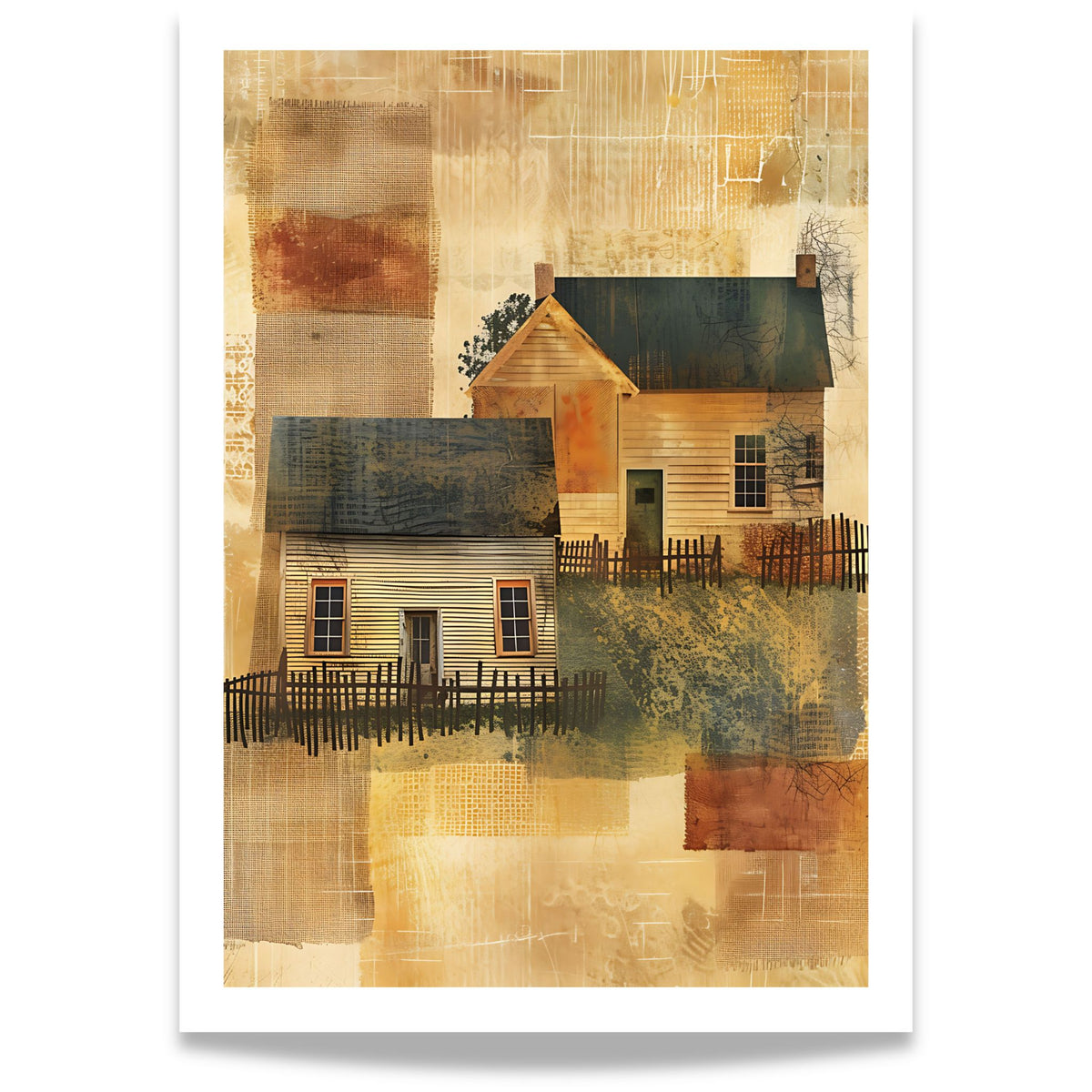 Echoes of Home kunstplakat med to gamle trehus, rustikke teksturer og varme jordtoner