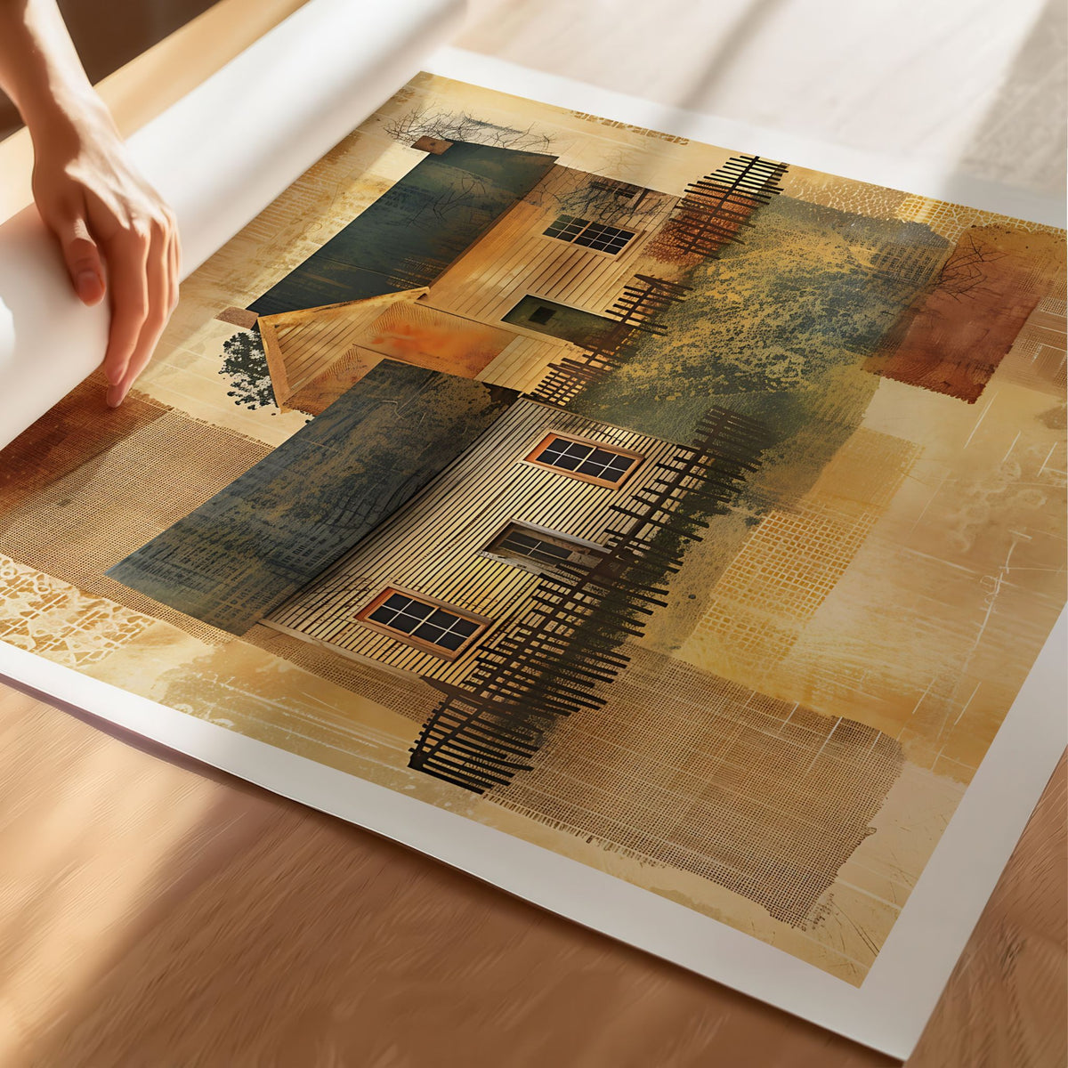 Nærbilde av Echoes of Home kunstplakat med detaljerte hus, gjerder og collagepregede teksturer