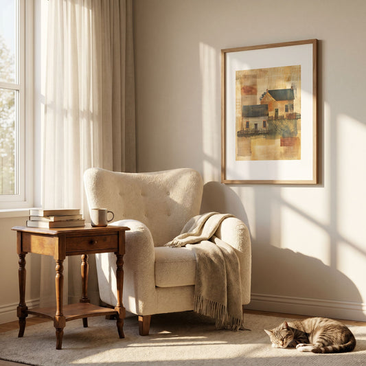 Echoes of Home kunstplakat med nostalgiske trehus i lun lesekrok med lenestol og katt