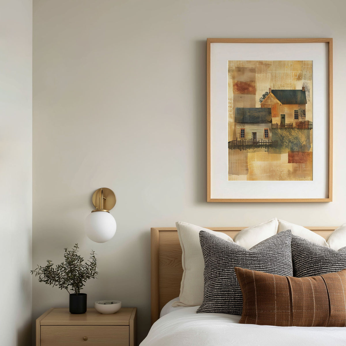 Echoes of Home kunstplakat med husmotiv over seng i lyst soverom med brune puter