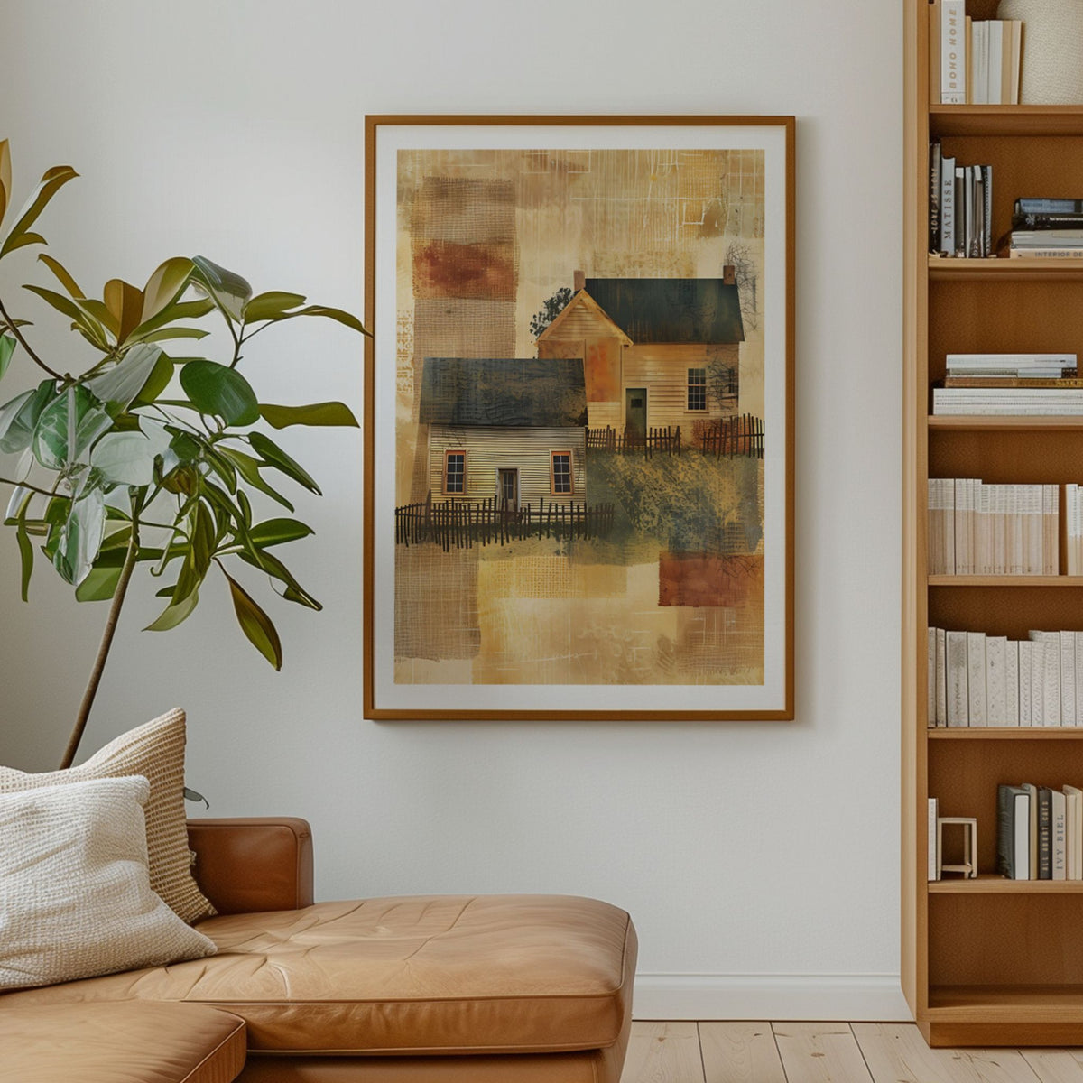 Nostalgisk kunstplakat Echoes of Home over skinnsofa i stue med varme naturfarger