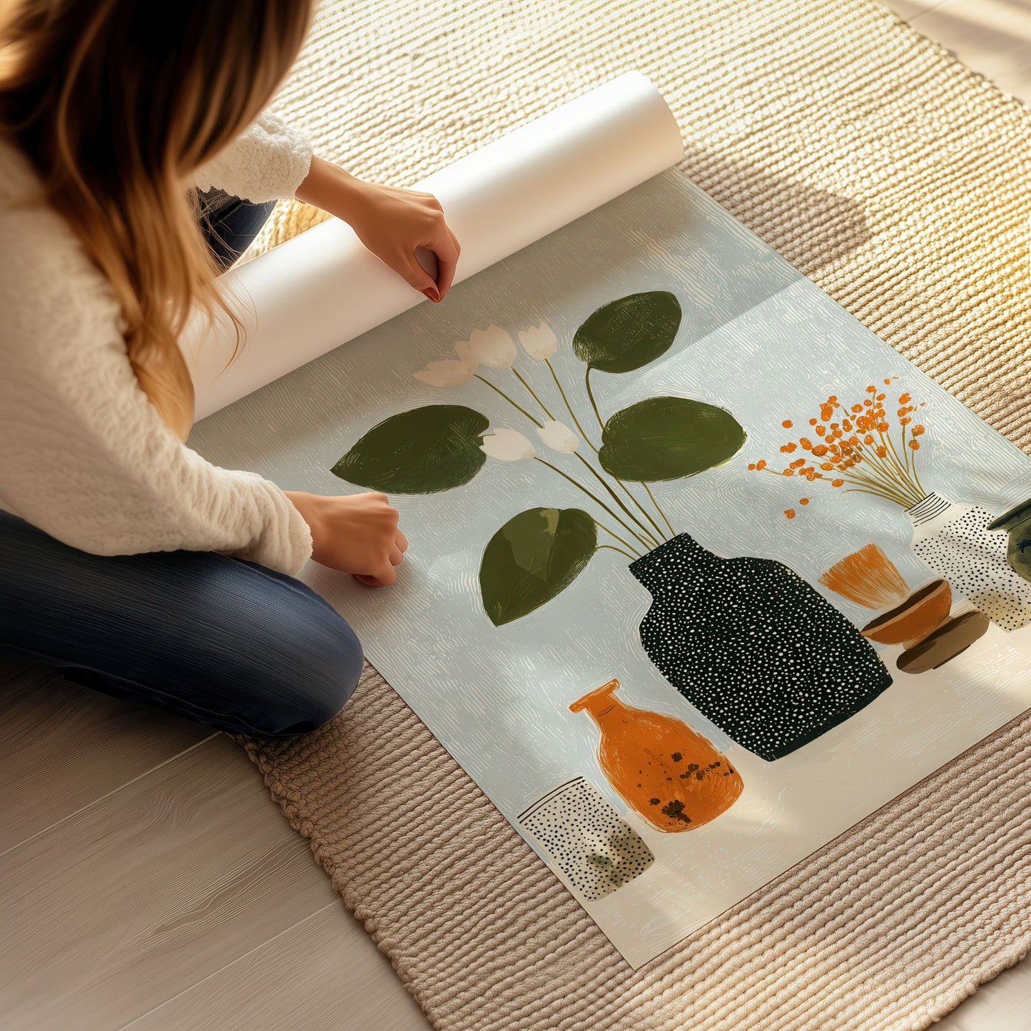 Detaljbilde av plakat med grønne blader og oransje vase