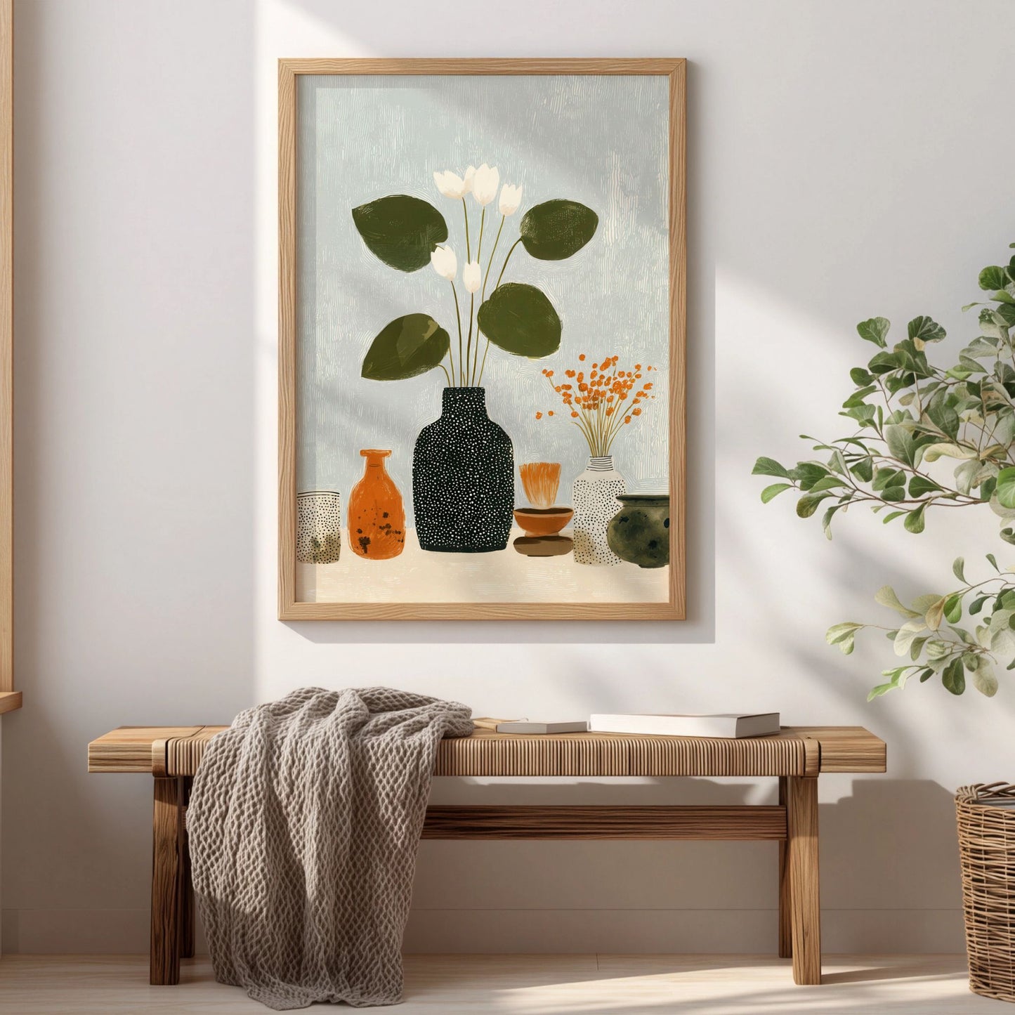 Plakat med botanisk stilleben og vaser i nordisk interiør