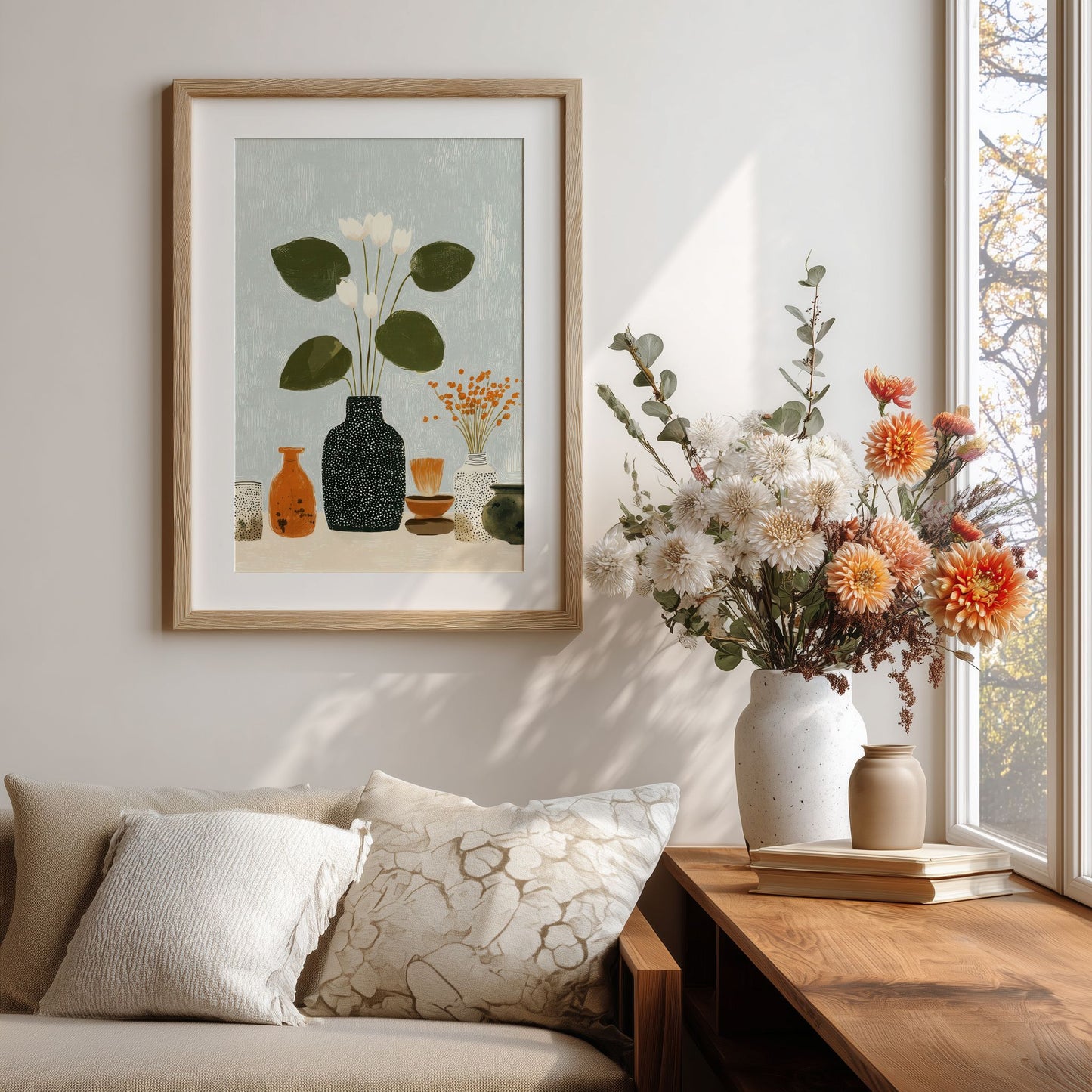 Moderne kunstplakat med blomster og keramikk i stue