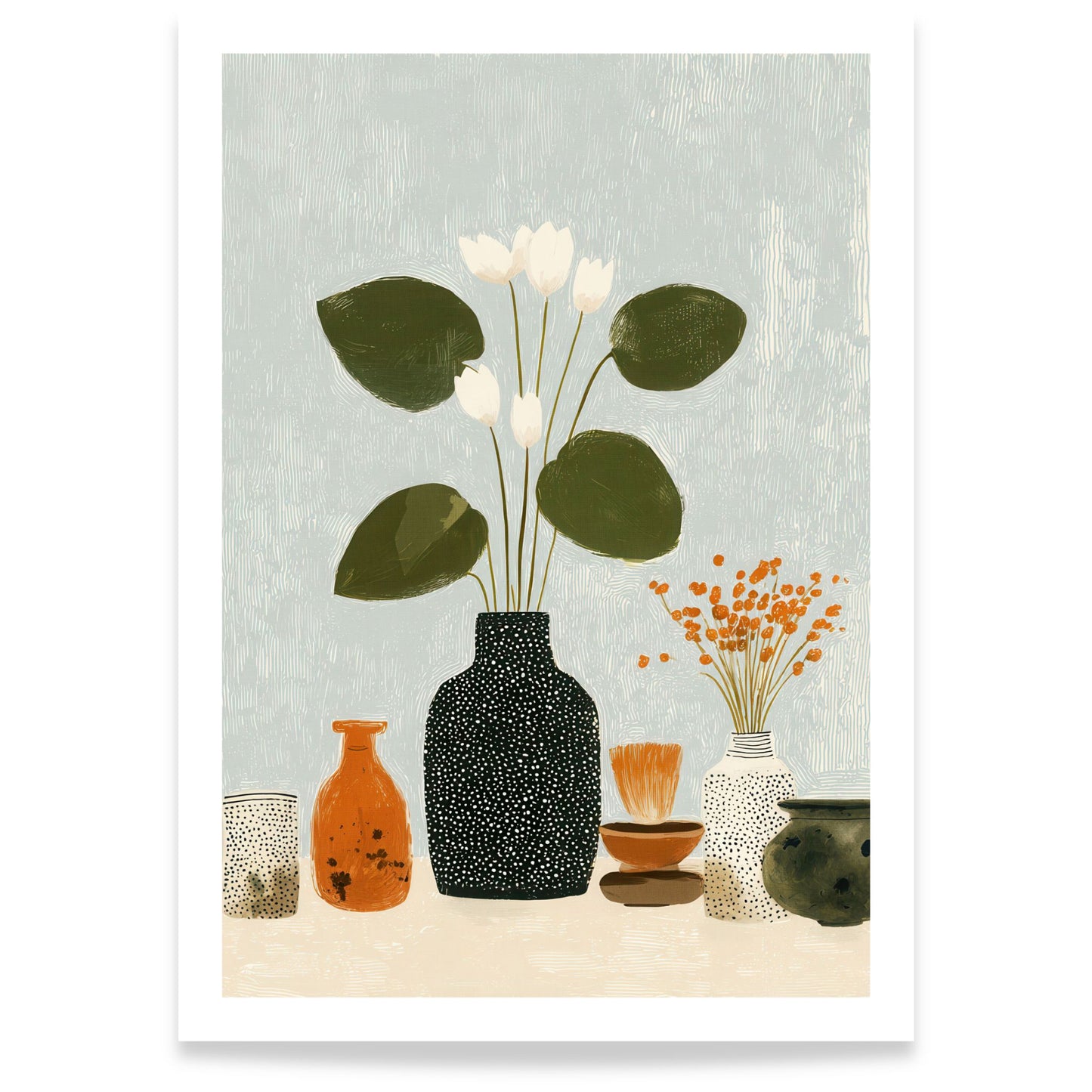 Minimalistisk plakat med botaniske elementer og stilleben