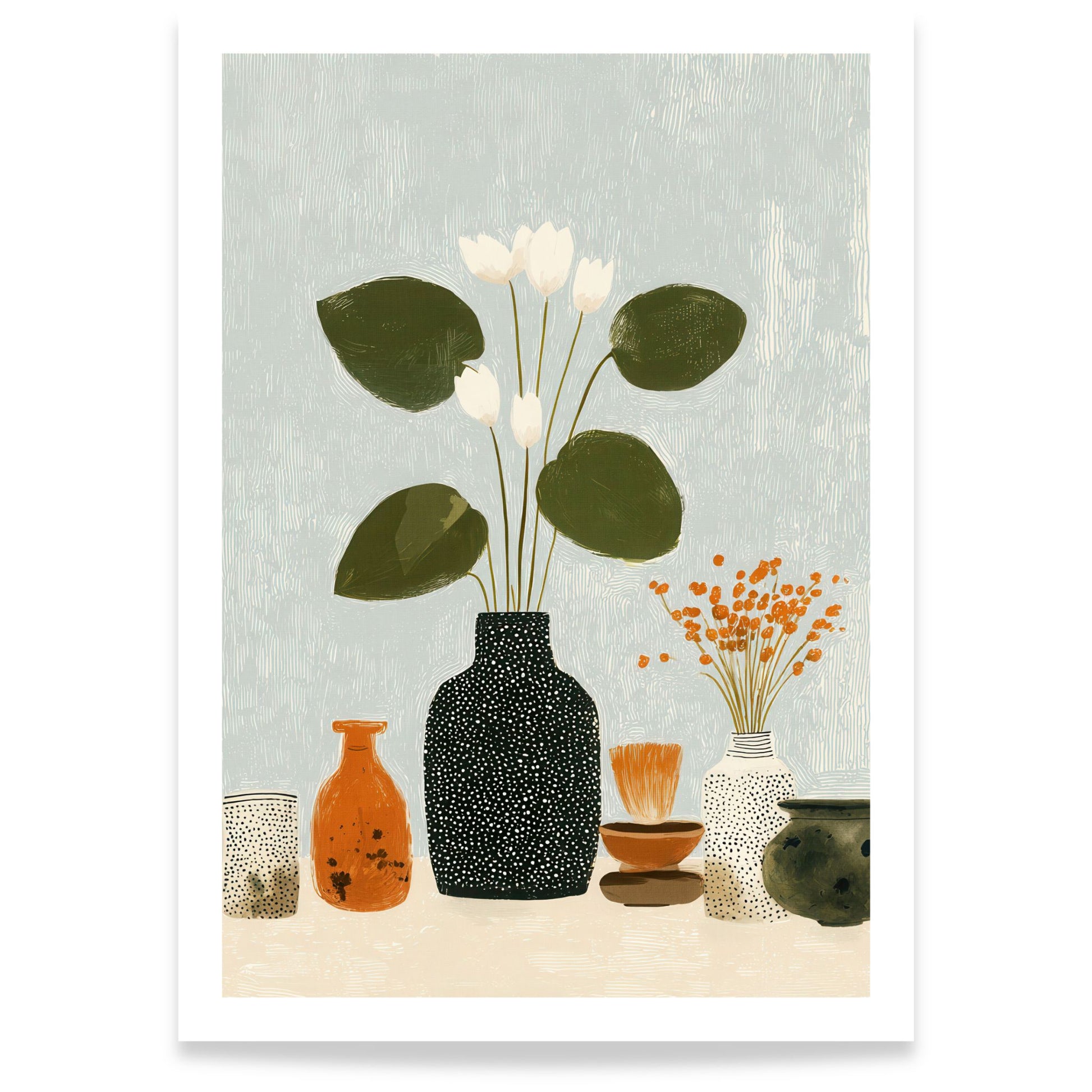 Minimalistisk plakat med botaniske elementer og stilleben