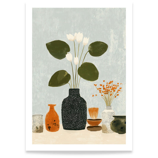 Minimalistisk plakat med botaniske elementer og stilleben