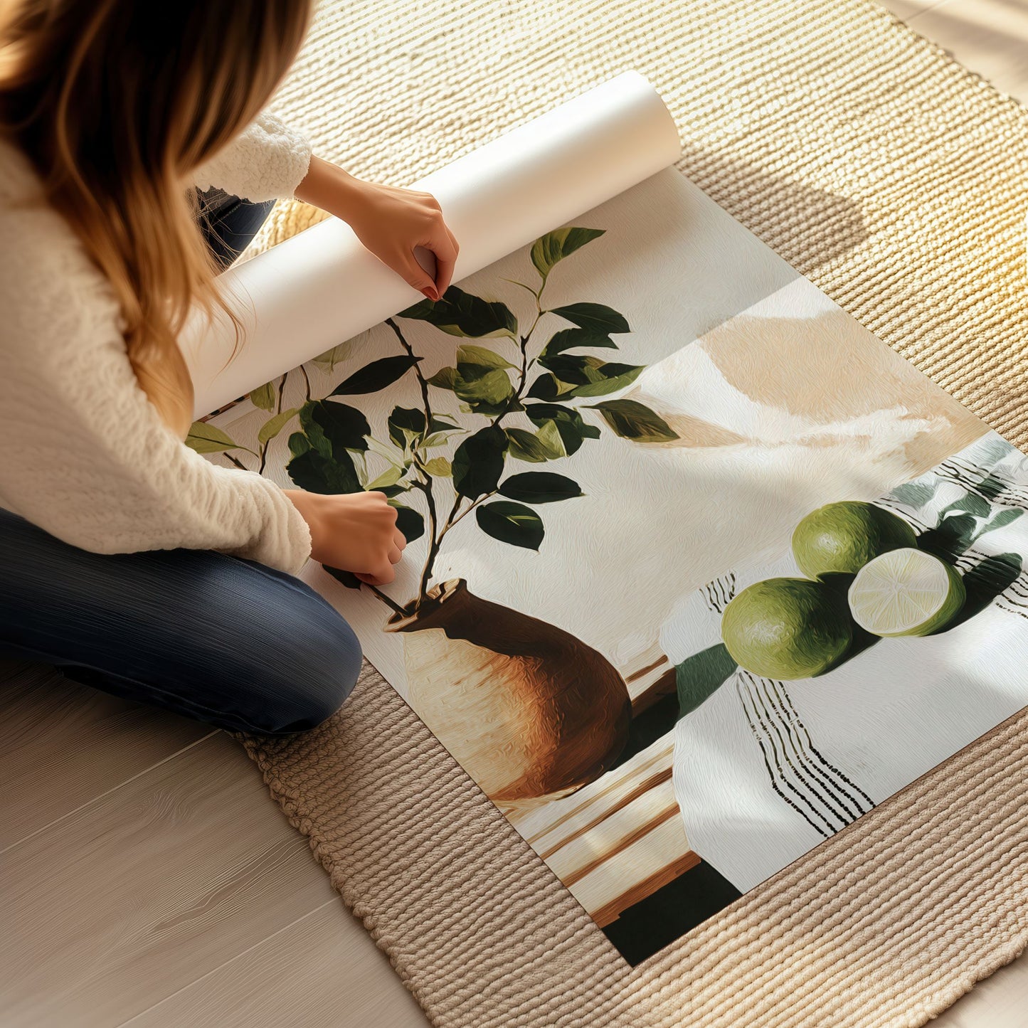 Detaljbilde av plakat med lime, vase og tekstil