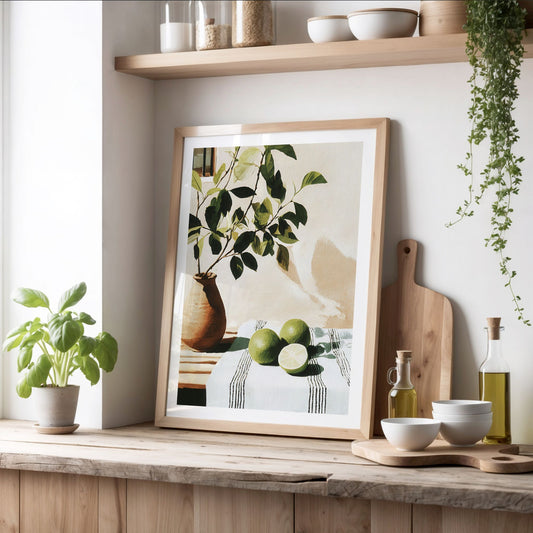 Plakat med lime og grønne blader på kjøkkenhylle