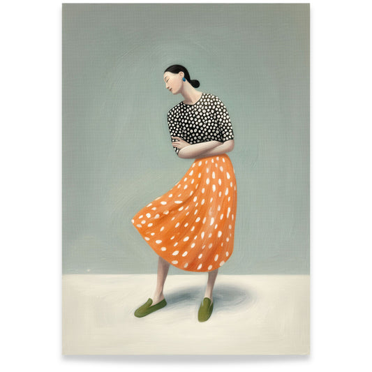 Moderne gouache-portrett av kvinne i oransje skjørt med rolig og stilrent uttrykk