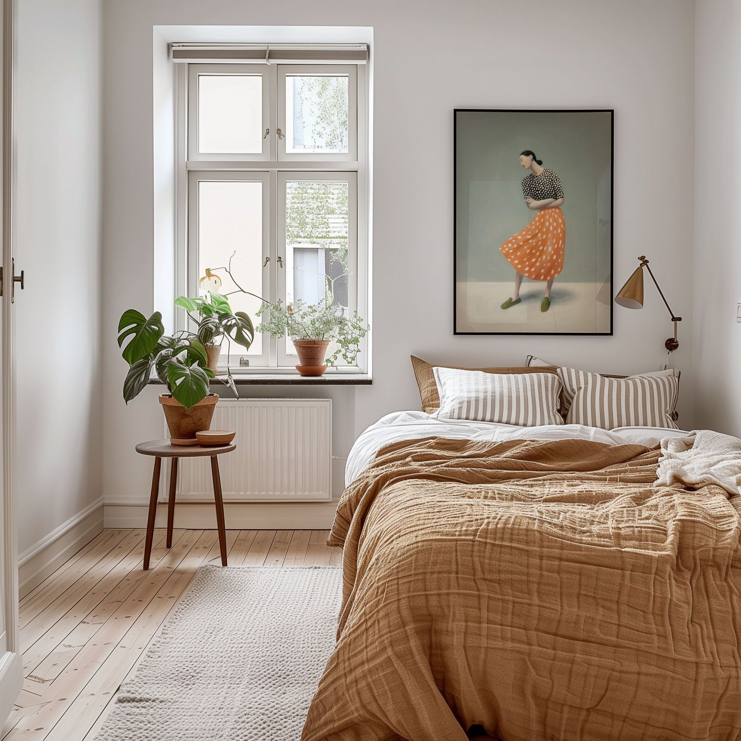 Plakat med figurativ kunst i grønne og varme toner, vist i lyst nordisk interiør
