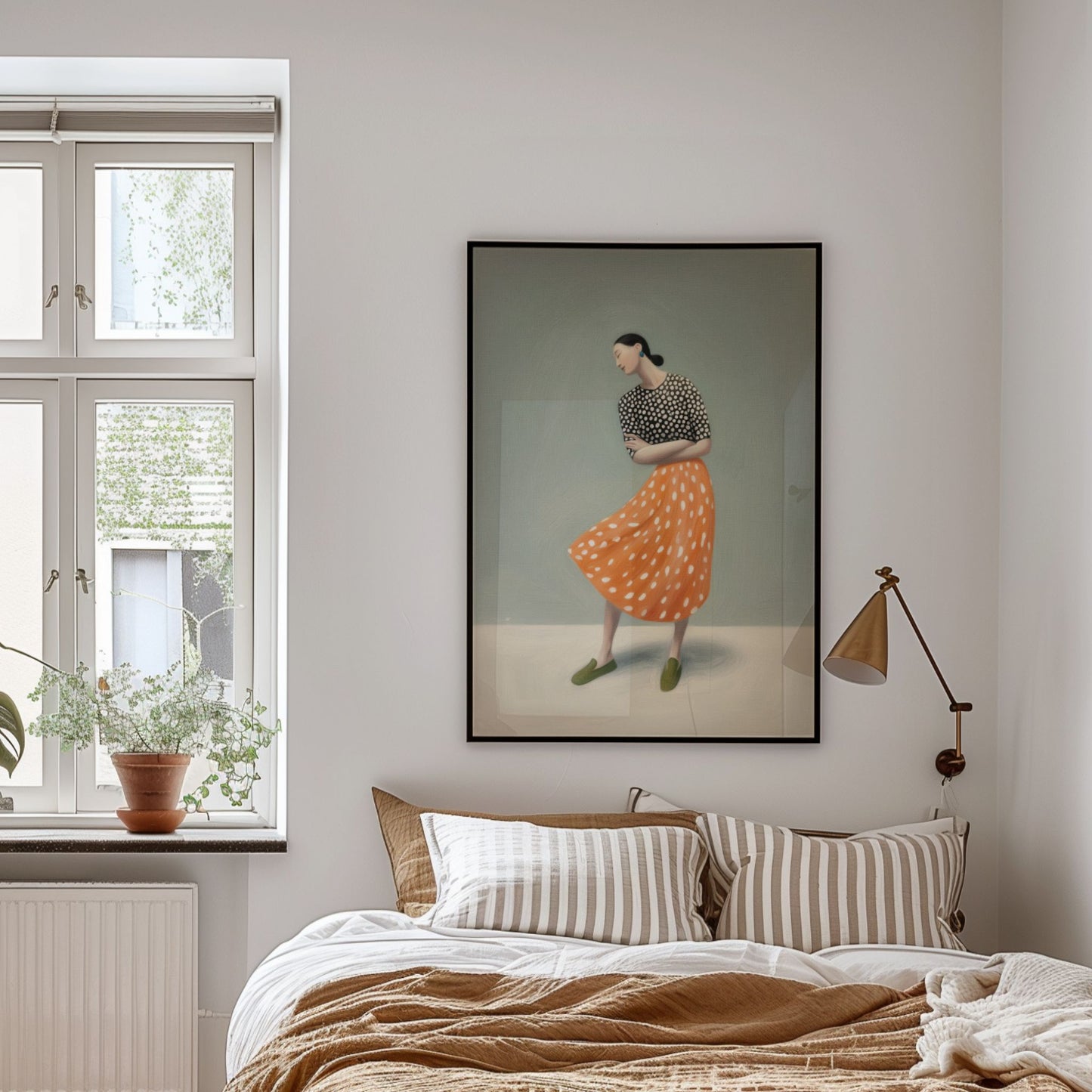 Moderne plakat med kvinne i oransje skjørt i rolig bevegelse, plassert over seng i lyst soverom