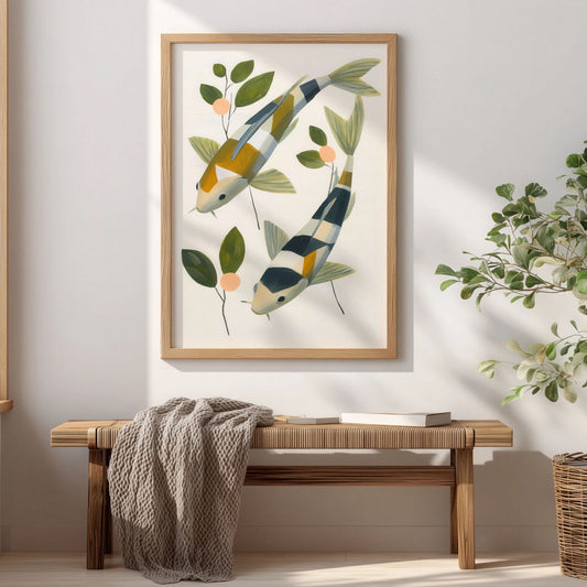 Illustrert plakat med fisk og grønne blader på vegg