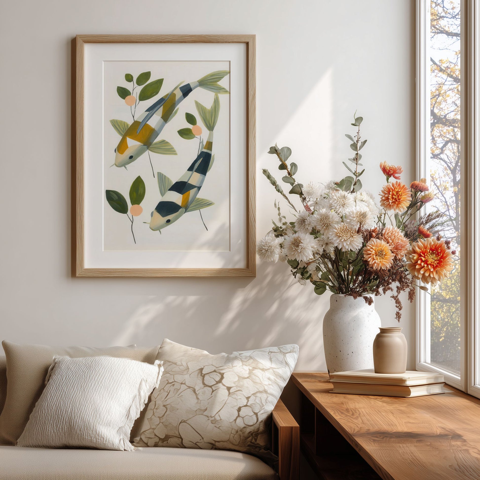 Koi fisk plakat i lys stue med blomster og naturmaterialer