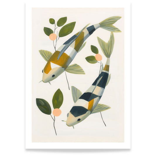 Plakat med to koi fisk i botanisk stil