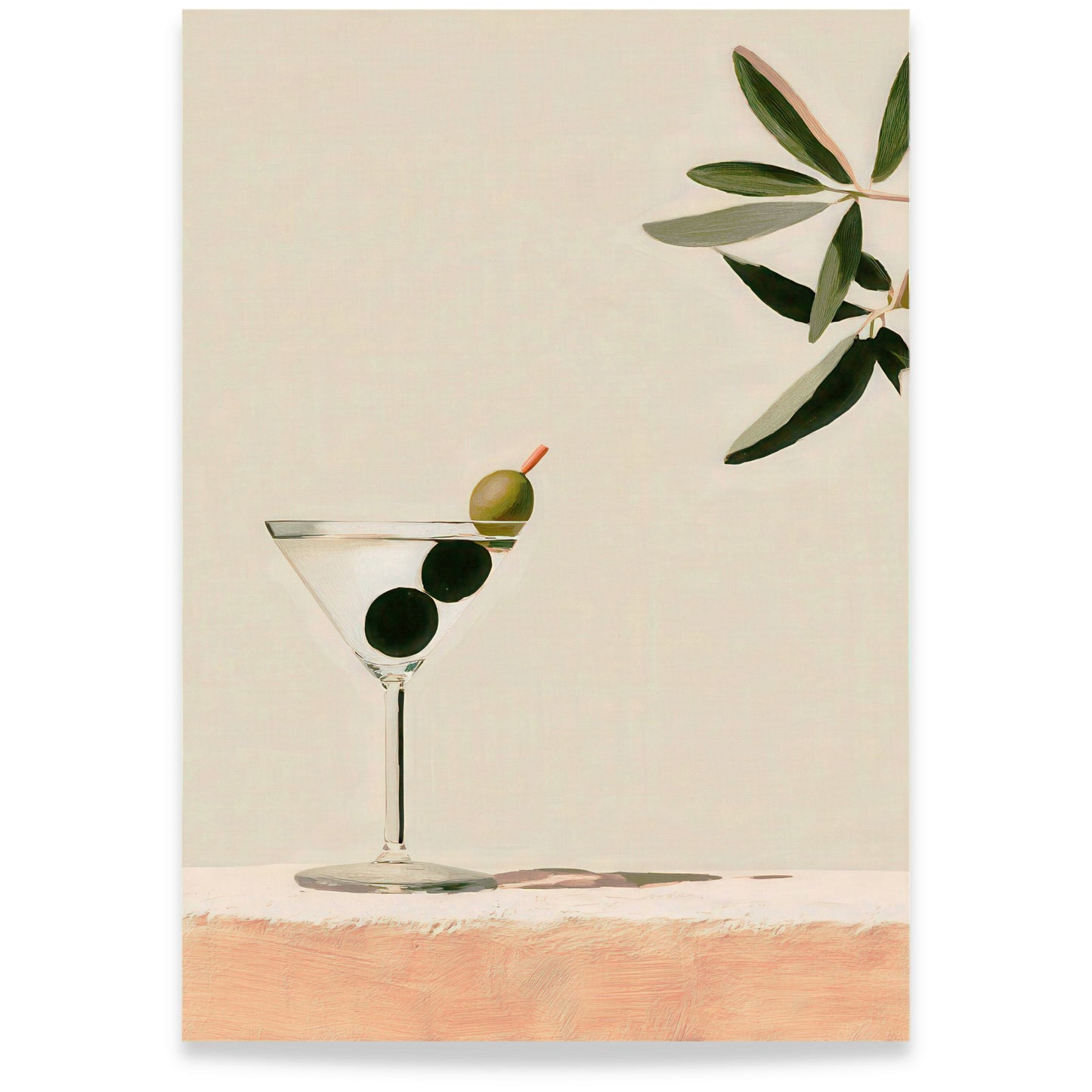 Minimalistisk kunstplakat med oliven og glass i dempede toner