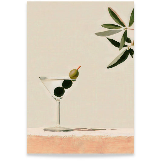 Minimalistisk kunstplakat med oliven og glass i dempede toner