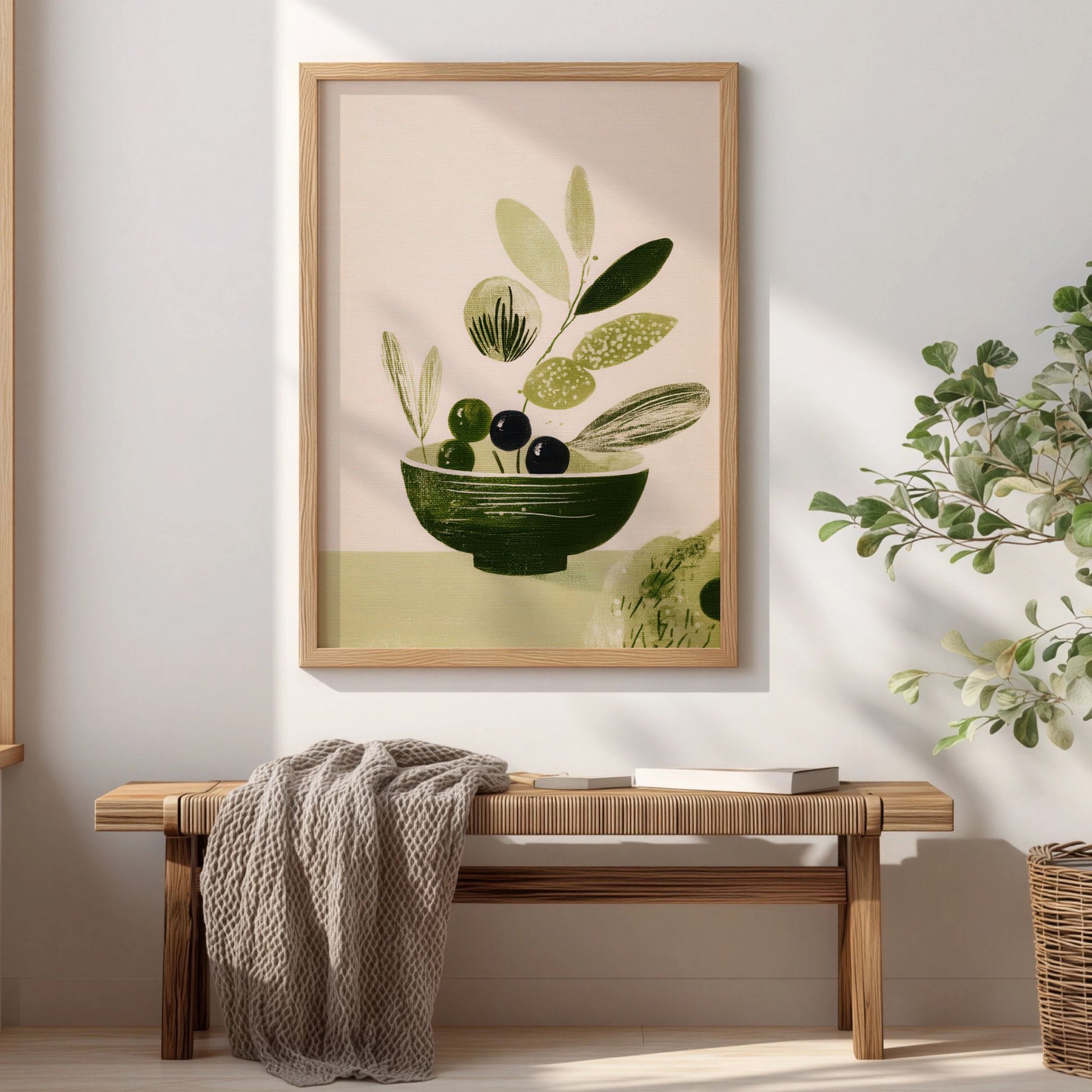 Botanisk plakat med oliven i skandinavisk interiør