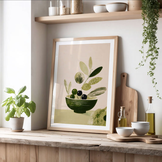 Plakat med oliven og grønne blader på kjøkkenhylle