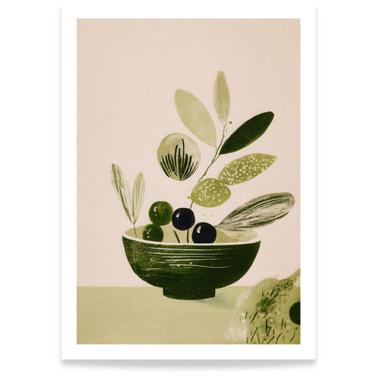 Minimalistisk plakat med oliven og botanisk stilleben
