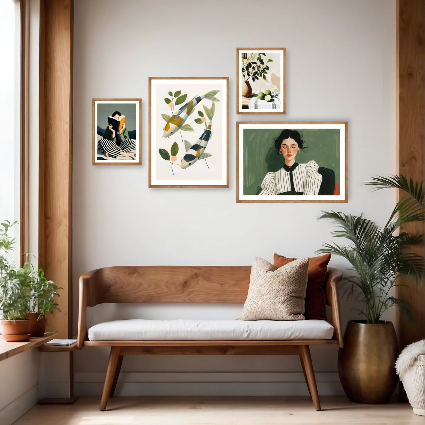 Moderne plakatgalleri fra Editorial Living med kunstplakater i gouache stil, vist over benk med eik rammer og grønne planter