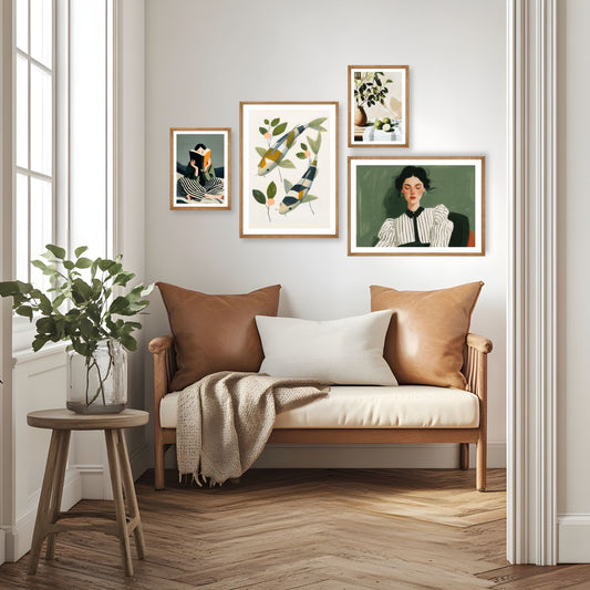 Plakatpakke fra Editorial Living med moderne gouache kunst i grønne toner, vist som gallerioppsett over sofa med eik rammer i nordisk stue