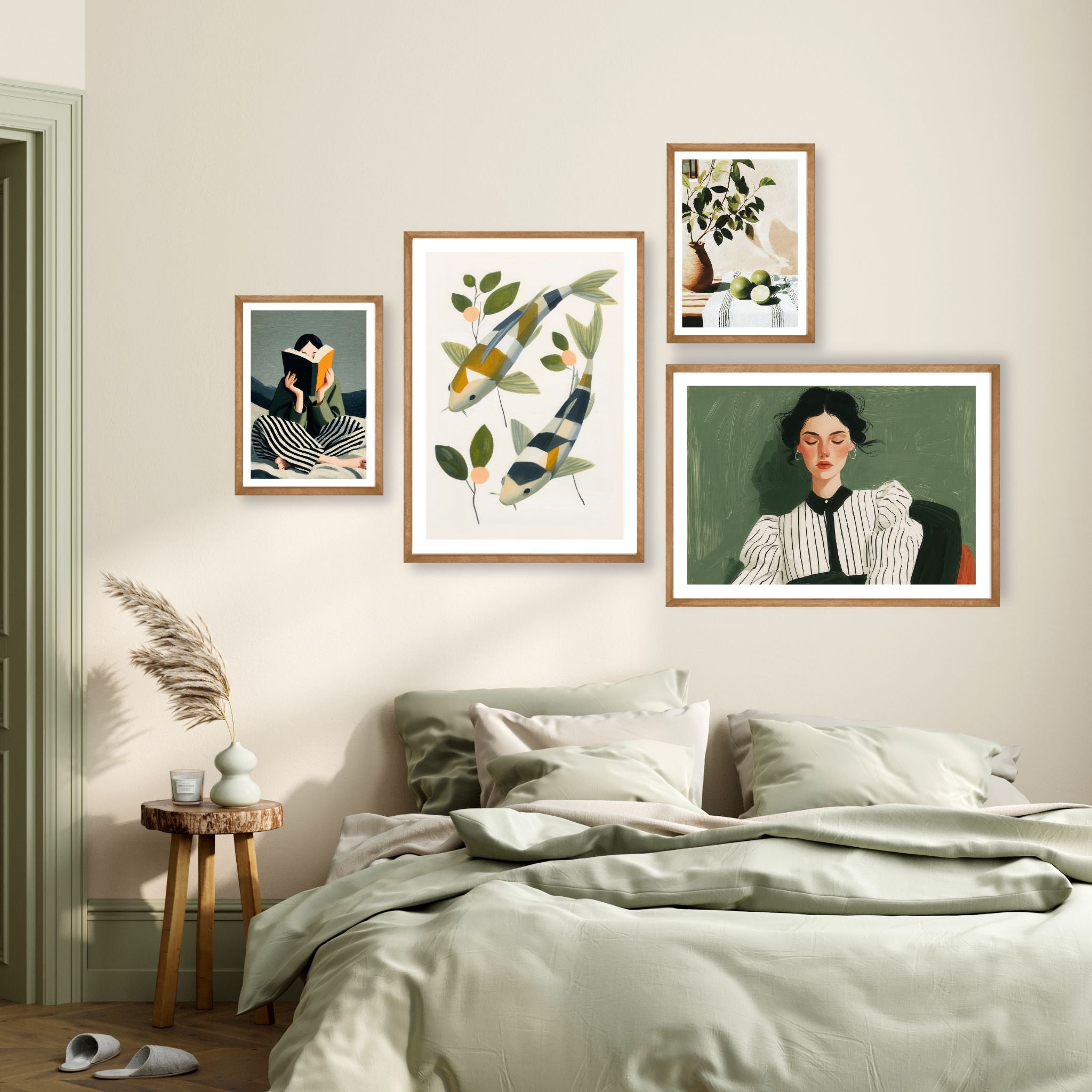 Gallerioppsett med plakatpakke i grønne og beige toner fra Editorial Living, vist over seng i rolig nordisk soverom med eik rammer